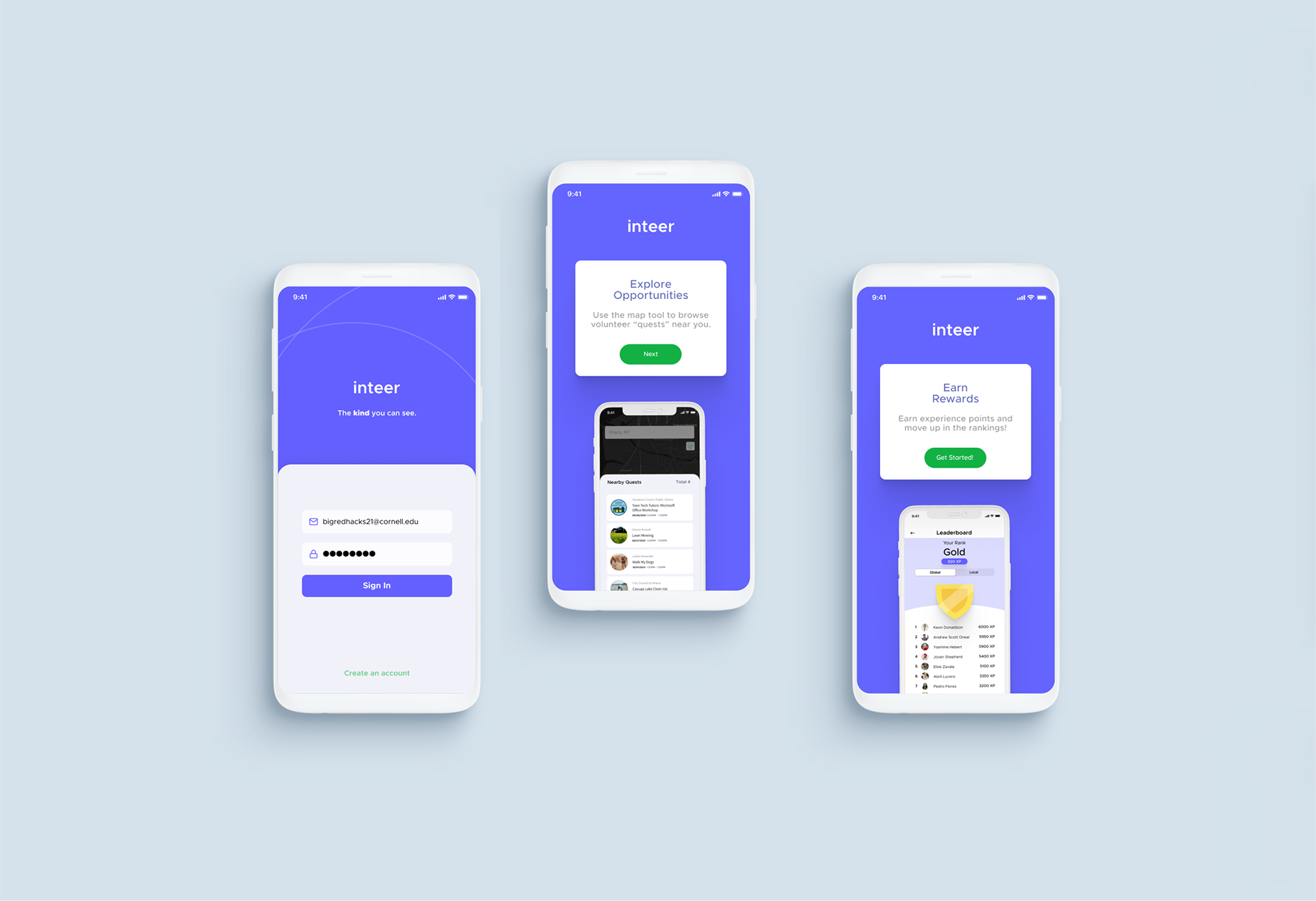 Three phones showing screenshots of a mobile app