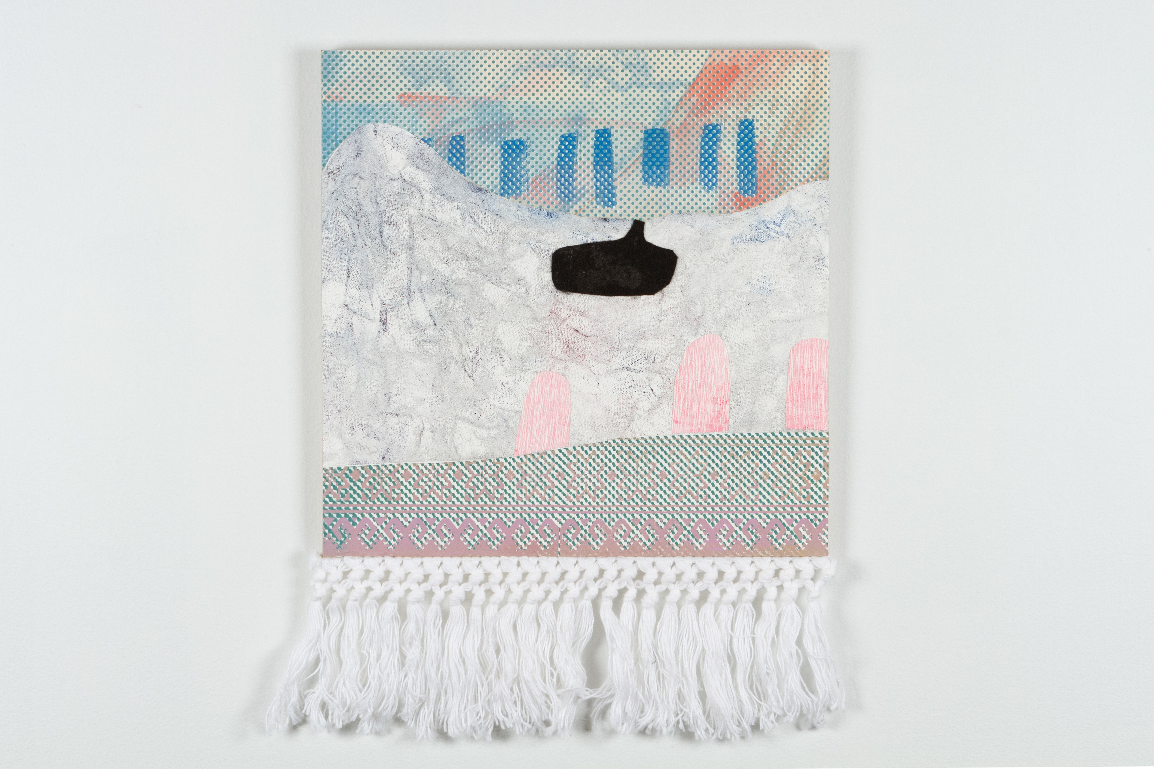 Kobzar I,   Collage and silkscreen mounted on board with fringe  2022  12”x14”  