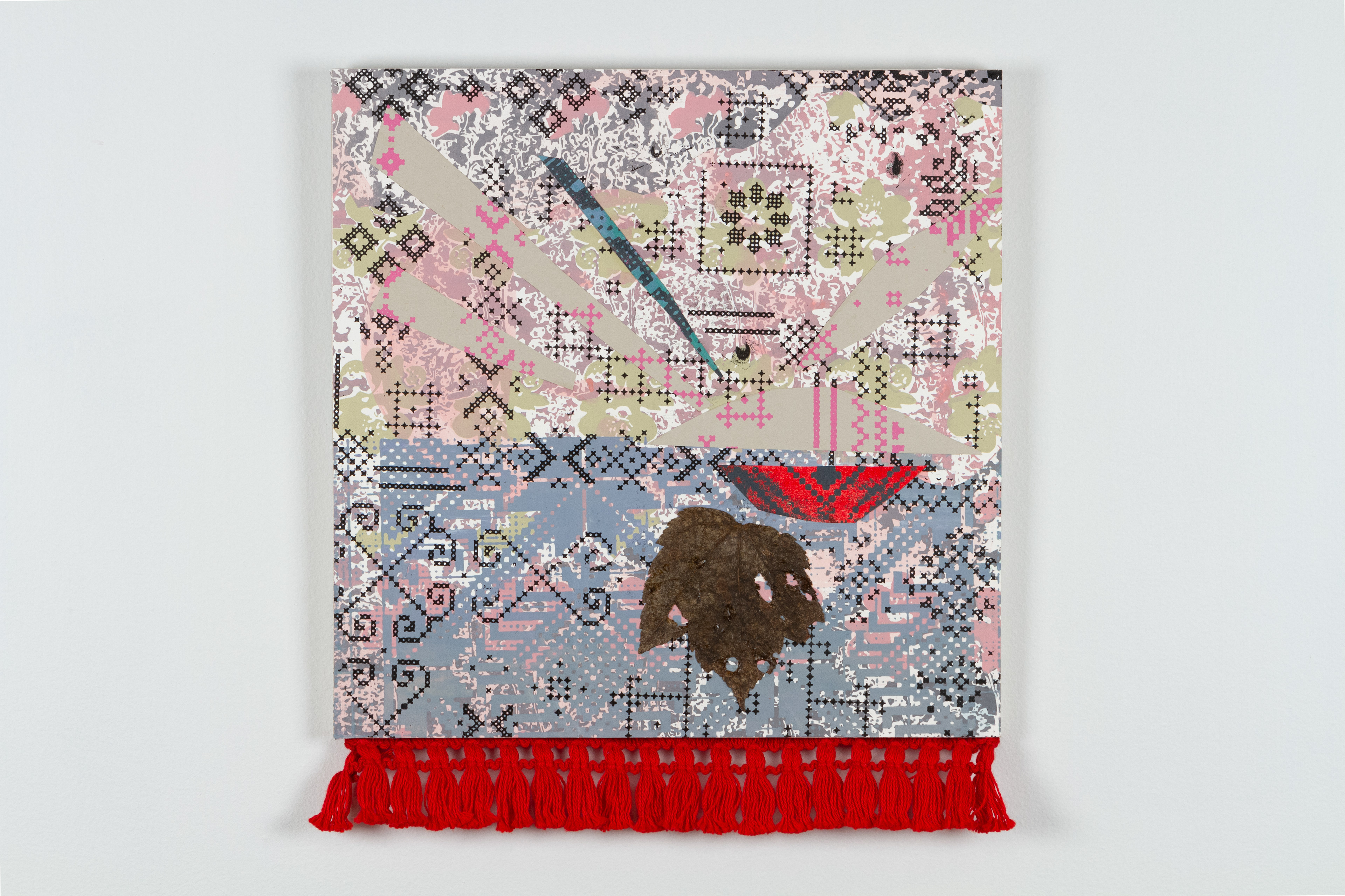 Up in Smoke  Lithograph, silkscreen collage, mounted on board, fringe  2022  16”x12” 