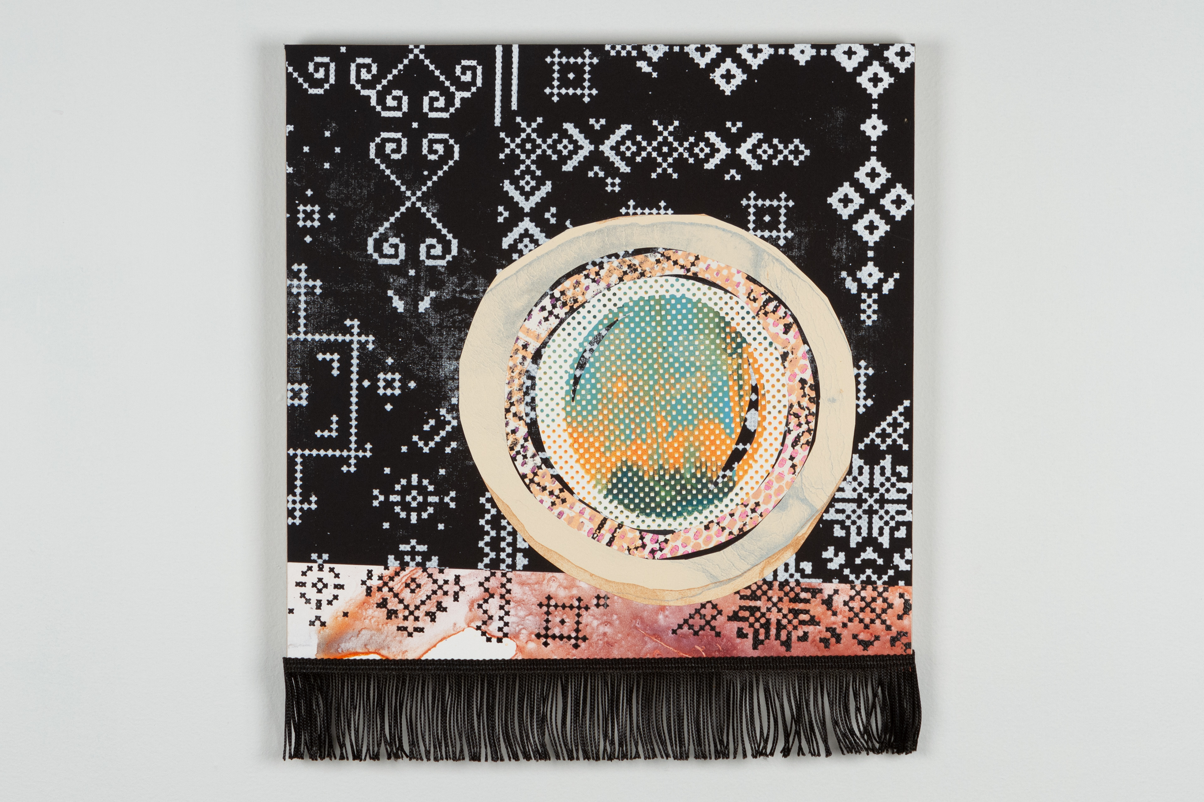 Going Back to the Water  Lithograph, silkscreen collage, mounted on board, fringe  2022  16”x12” 