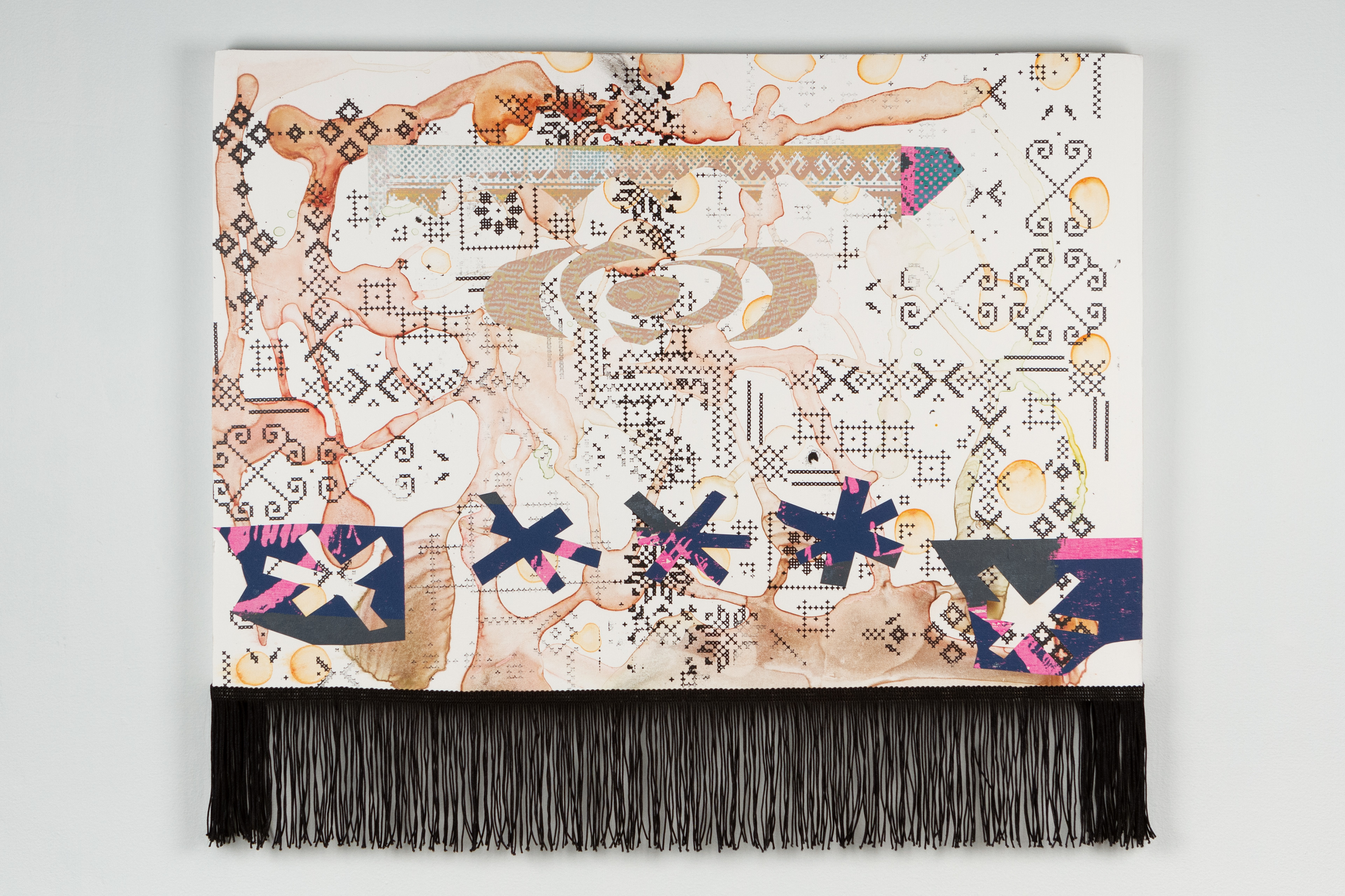 Katusha I  Lithograph, silkscreen collage, mounted on board, fringe  2022  19”x24” 