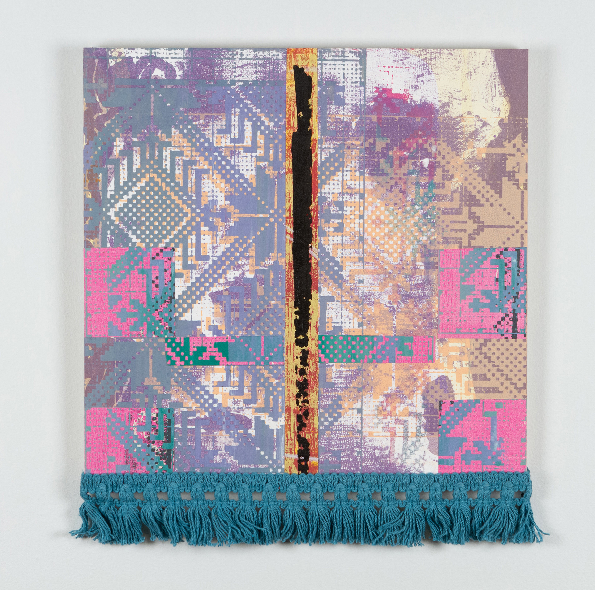 I’ve Got to Believe  Lithograph, silkscreen collage, mounted on board, fringe  2022  16”x12” 