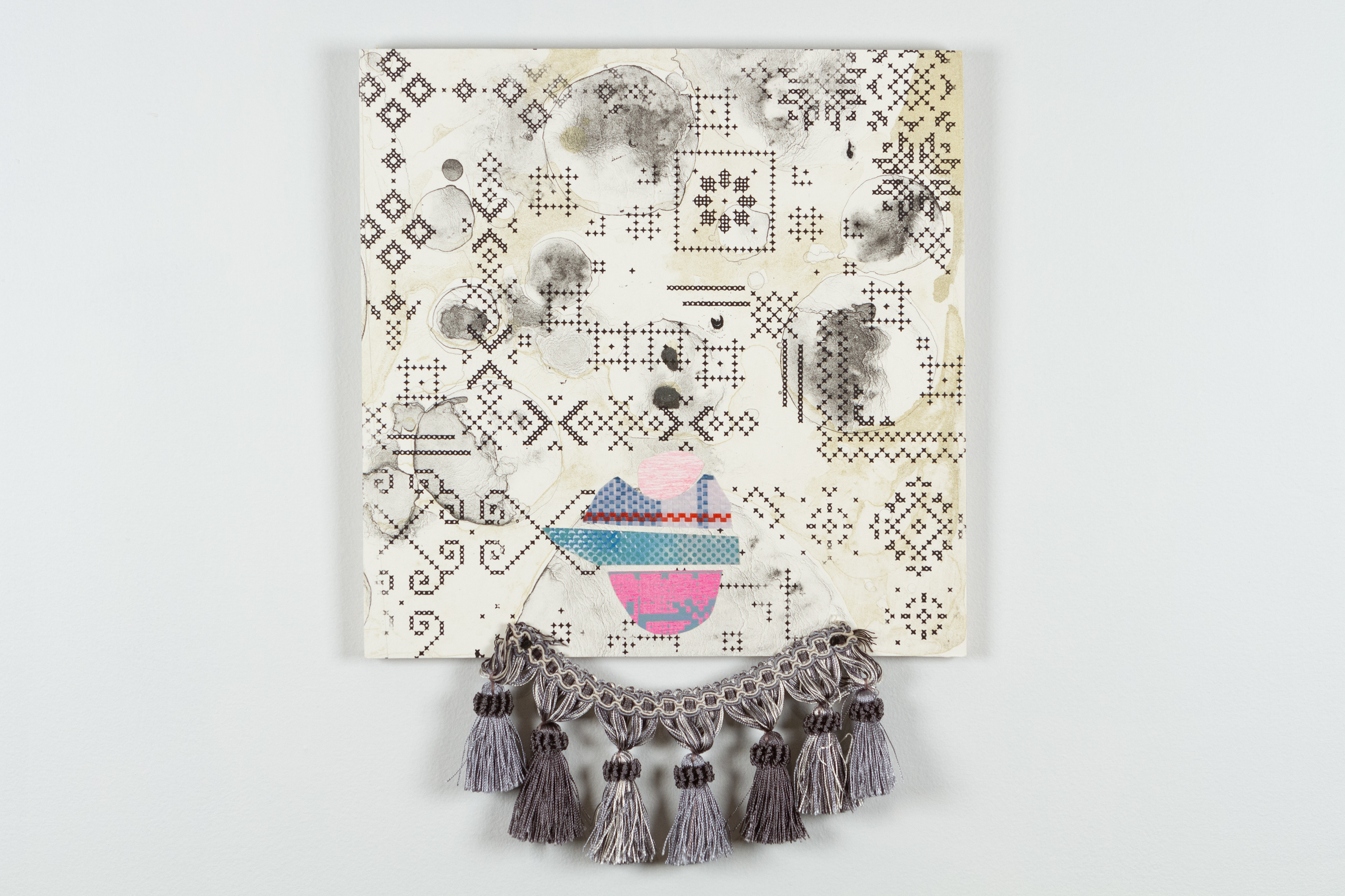 Kobzar II,   Collage and silkscreen mounted on board with fringe  2022  12”x14” 