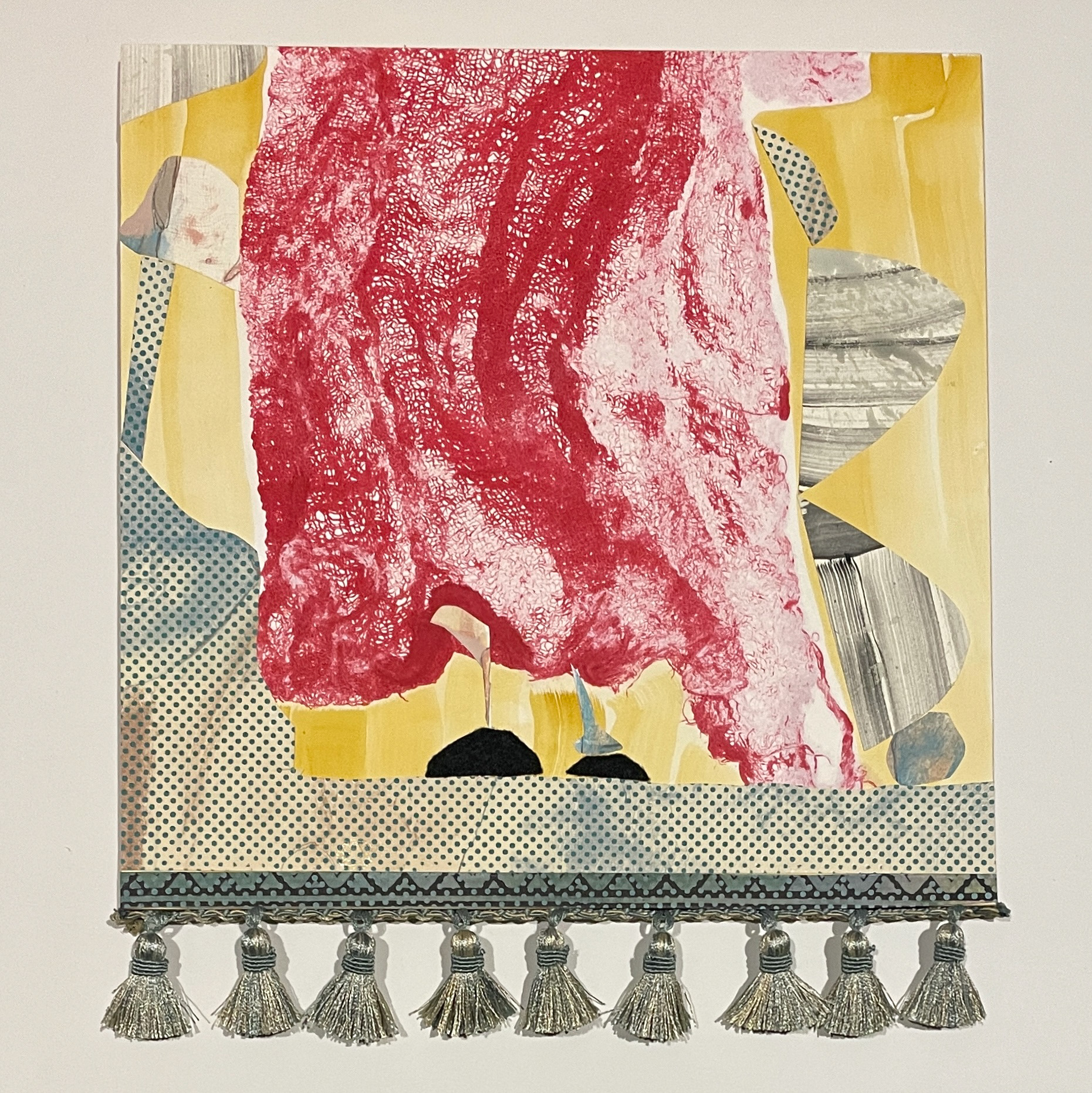 Places Unknown   Lithograph, silkscreen collage, mounted on board, fringe  2022  16”x12