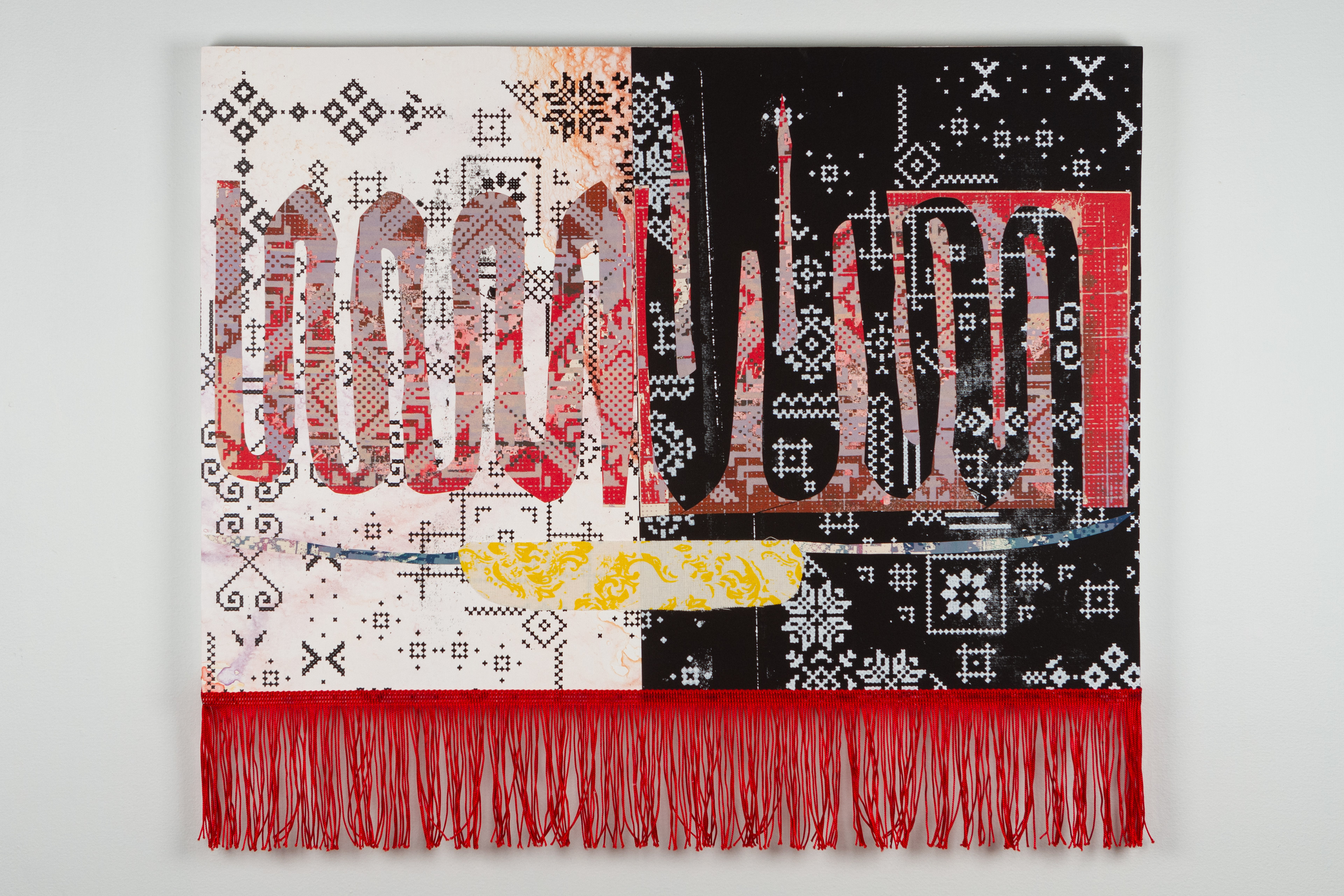 Katusha I  Lithograph, silkscreen collage, mounted on board, fringe  2022  19”x24” 