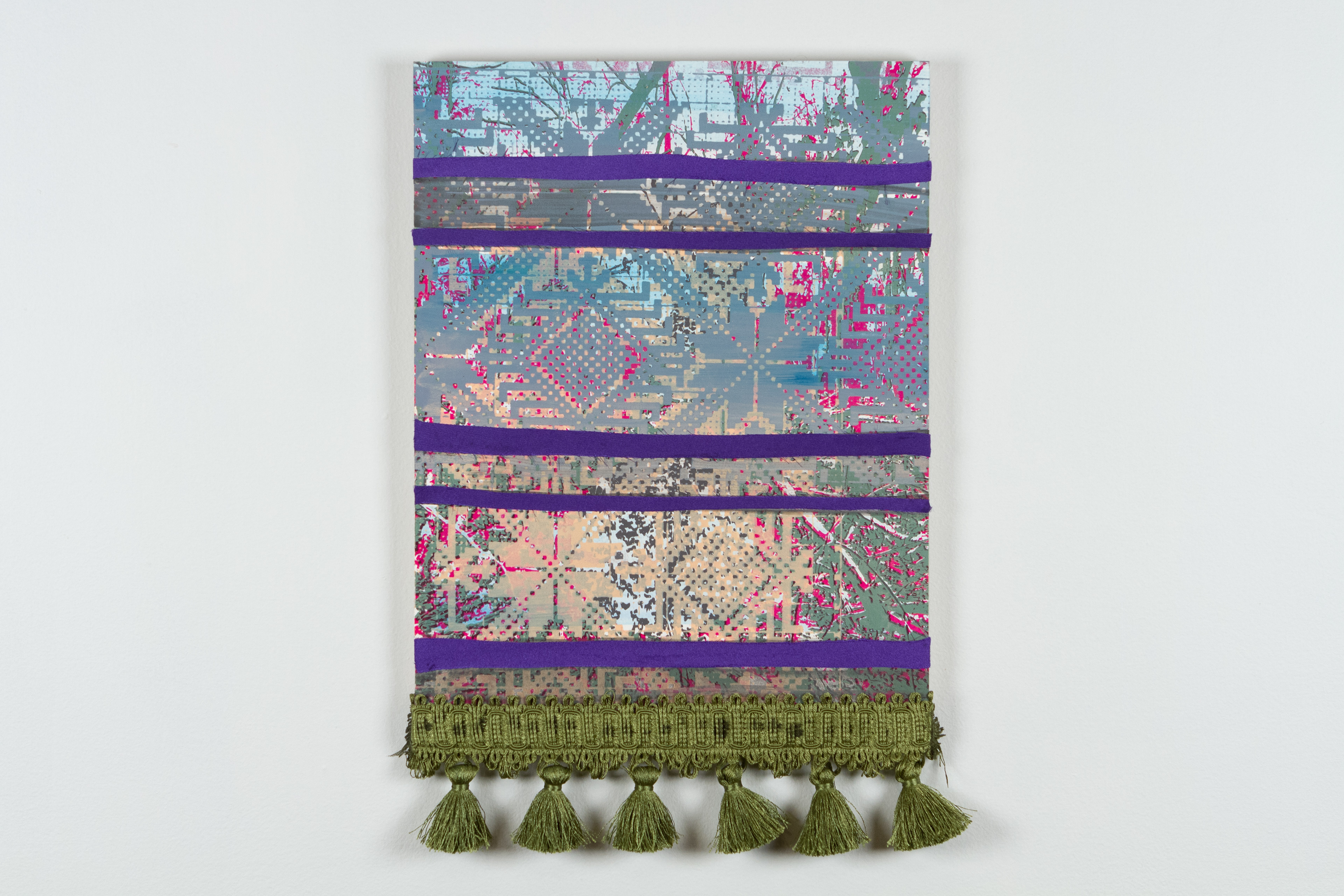 Not Clear  Lithograph, silkscreen collage, mounted on board, fringe  2022  16”x12” 