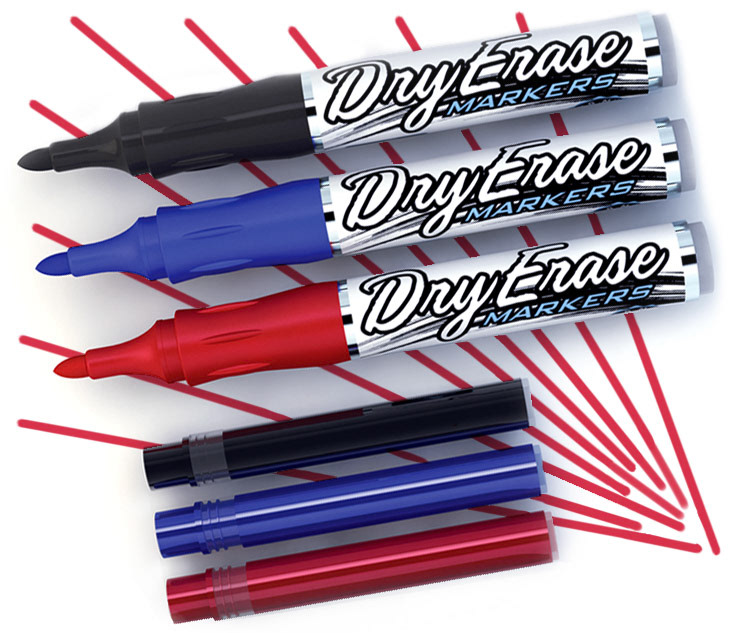 Assortment of three refillable dry erase markers with caps removed and three refill cartridges. Each group contains black, red, and blue. In the background are red lines drawn in like rays, starting at the bottom right and fanning out to the upper left.