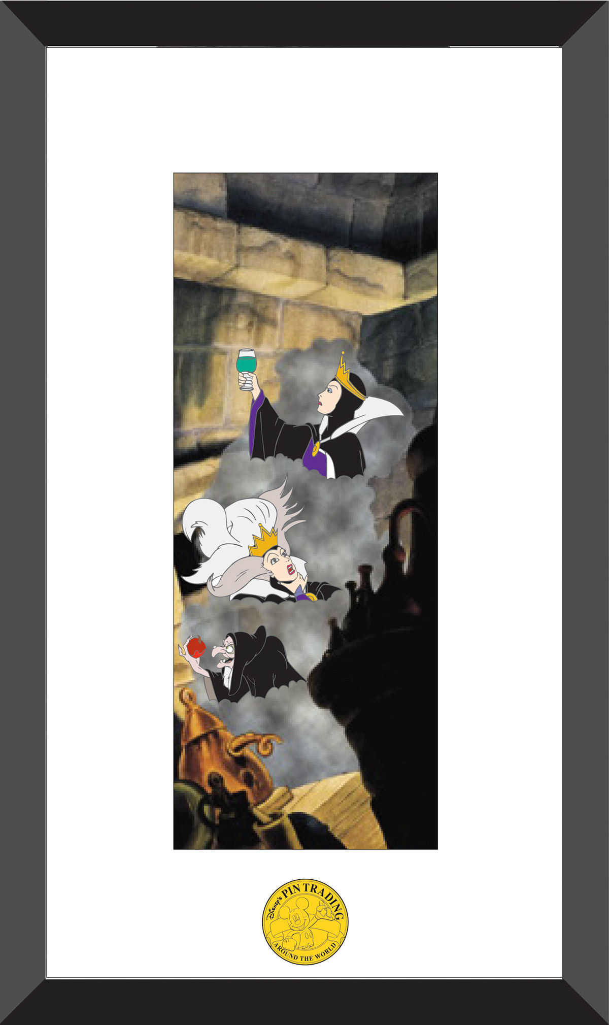 3-Pin framed set depicting the witch from Snow White turning into the hag.