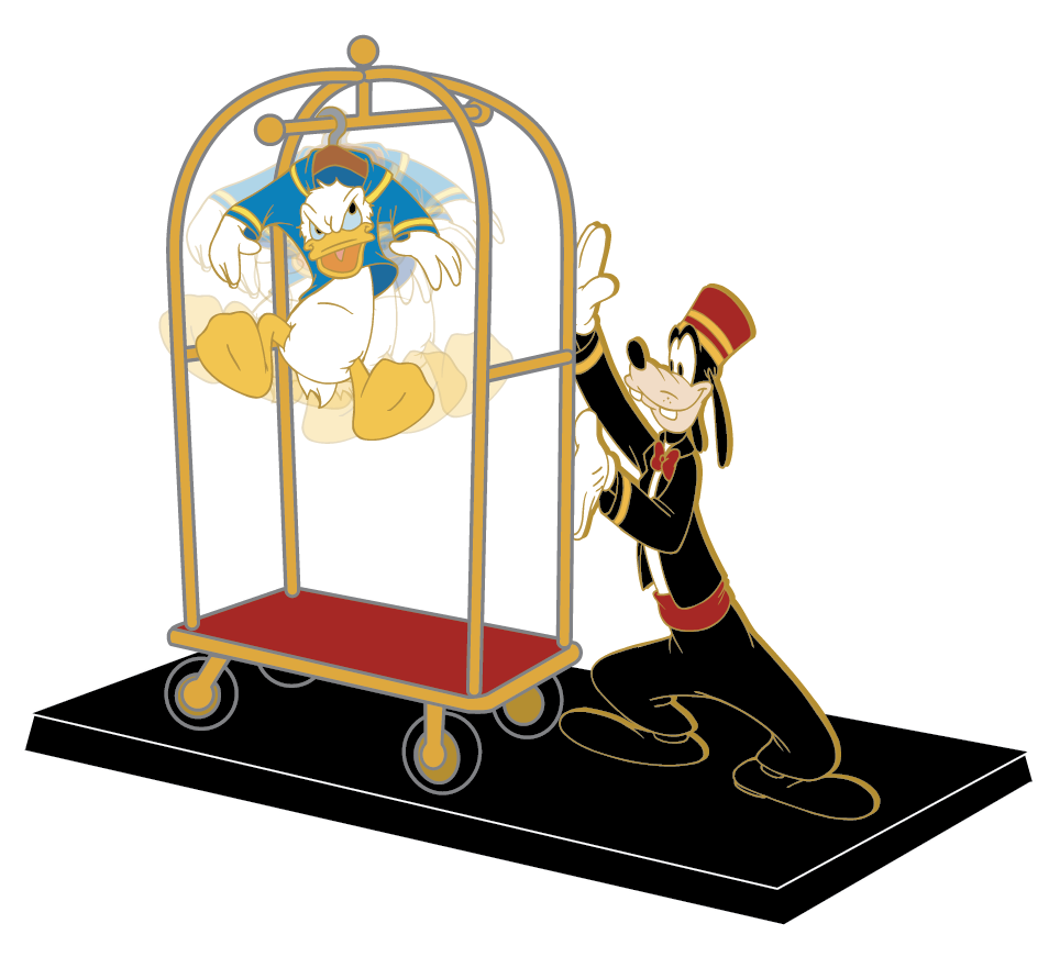 Goofy plays bellman and pushes Donald, who is attached to a hanger on his bell cart.