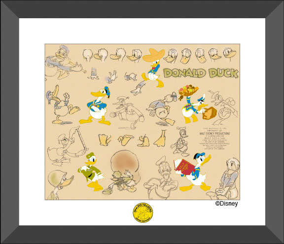 Framed pin sets were designed for collectors. This is a montage of Donald model sheets.