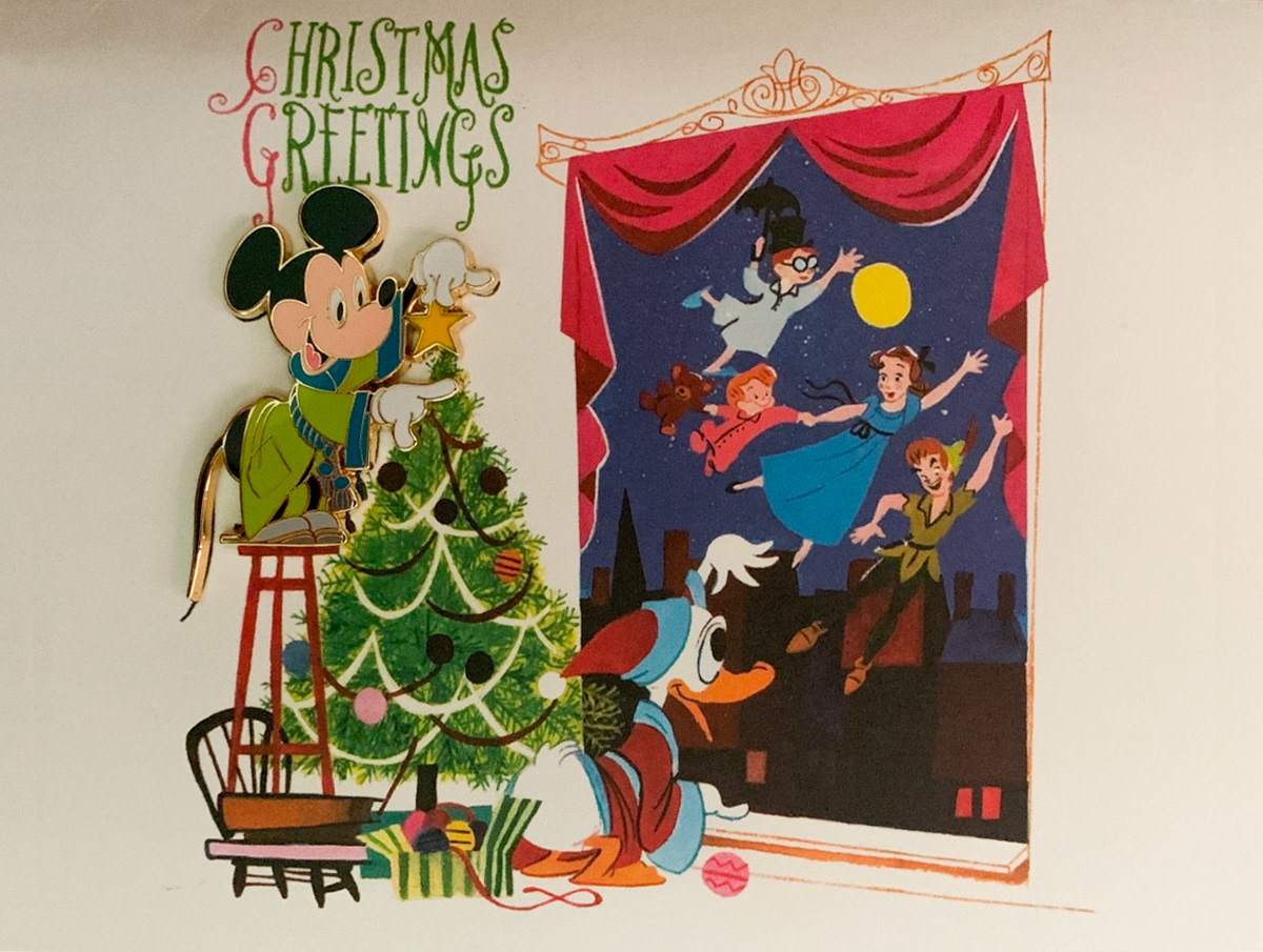 I hand painted replica of a retro DIsney Christmas card that includes a pin.