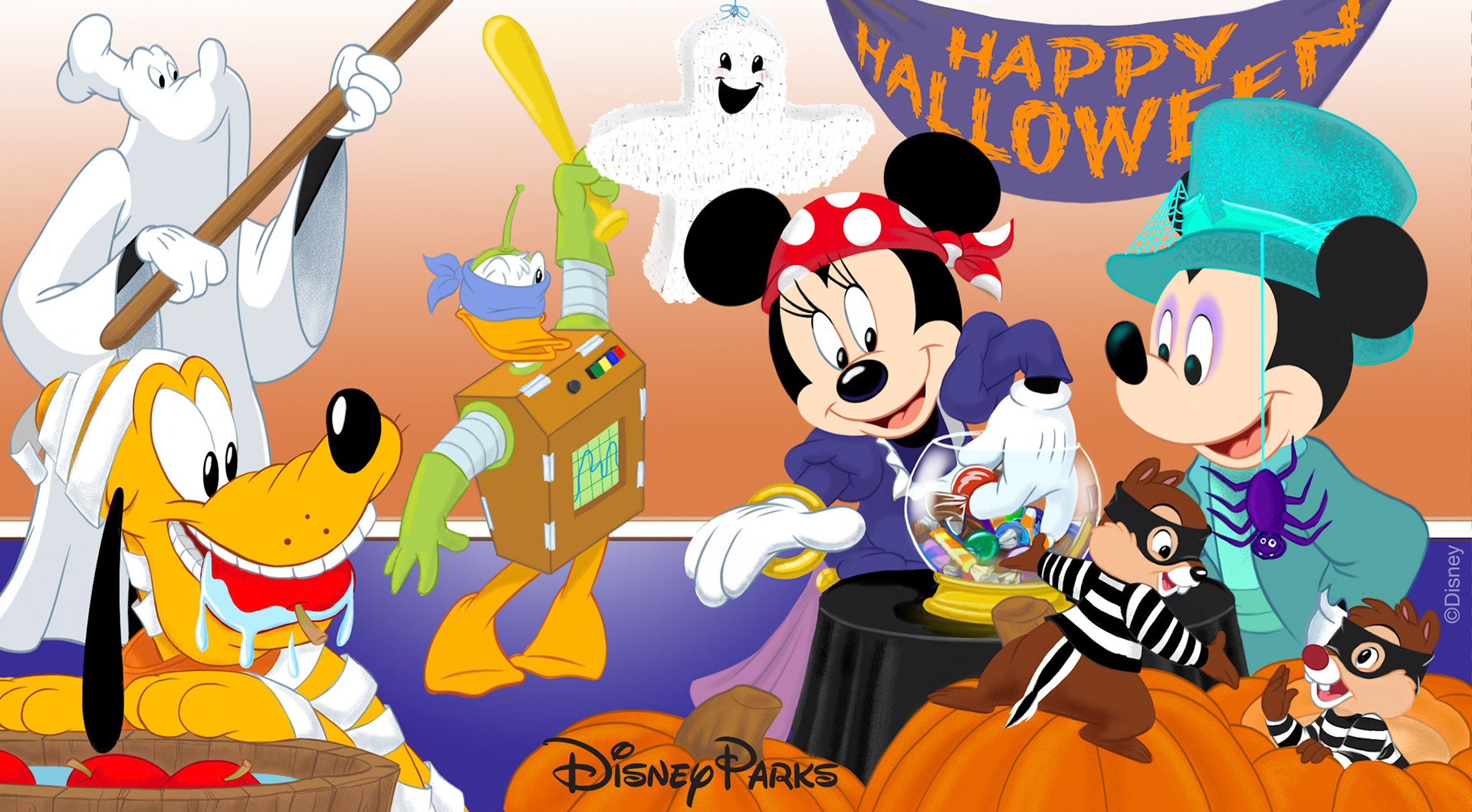 How might the characters enjoy a Halloween party? Spooky, but not too spooky. Donald sneaks a peek and the chipmunks, aptly dressed, see an opportunity.