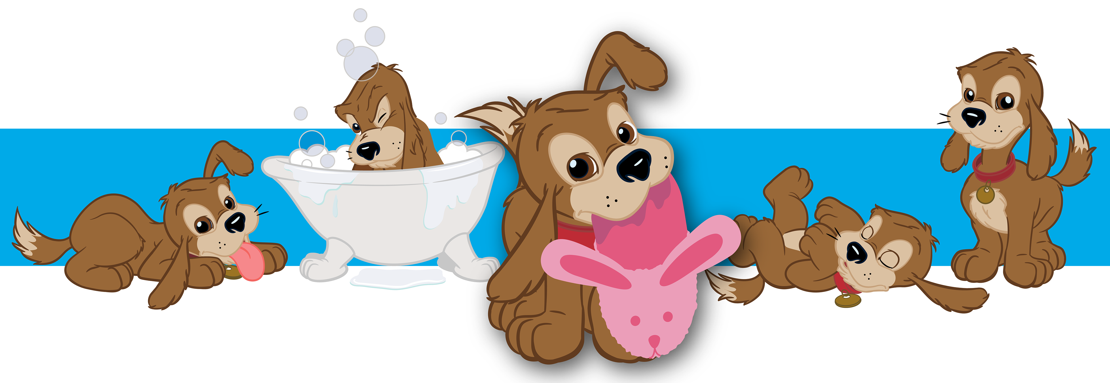 This is a group of poses for a puppy character, designed for a Petco Dollar Deals program. The dog, from left to right is crouched in a puppy-play pose, in a bathtub with bubbles, holding a bunny slipper with slobber, on its back with paws up, and in a three-quarter standing pose.