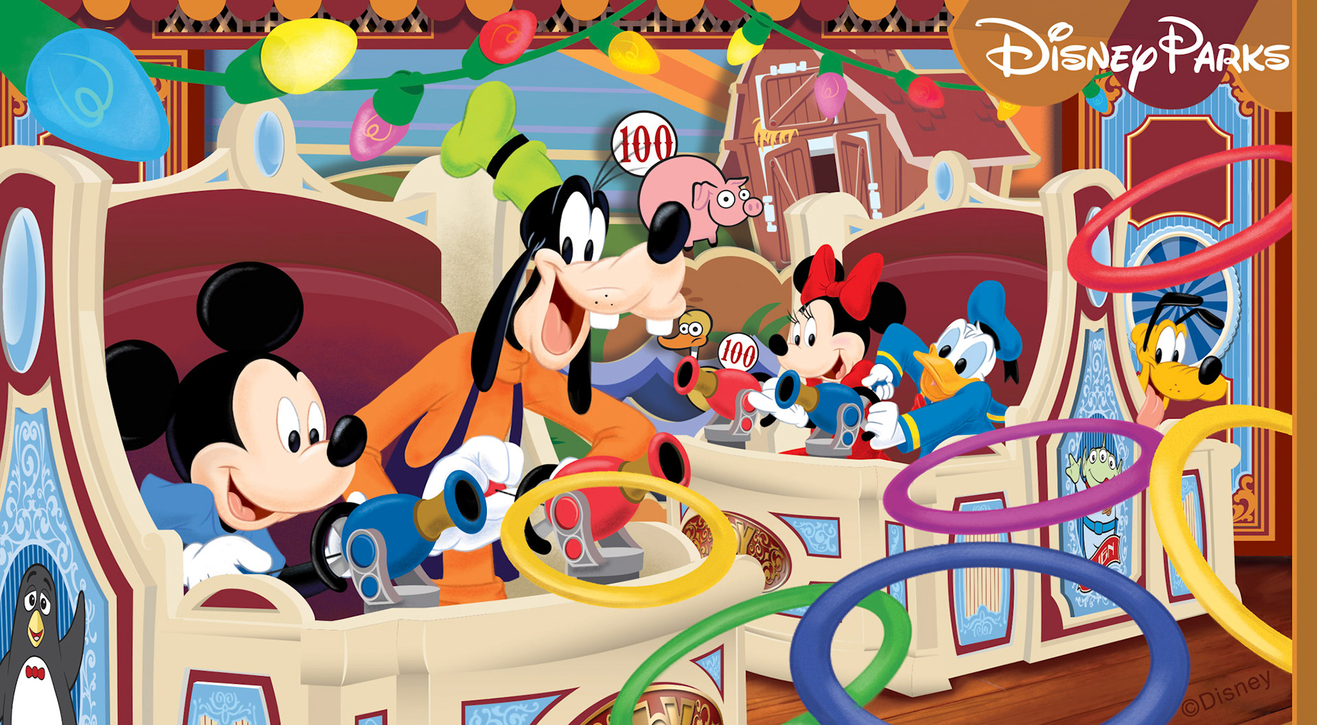 Illustration of Mickey Mouse, Minnie Mouse, Goofy, Donald, and Pluto on the Toy Story Midway Mania ride. The scene is frenetic with the characters sit inside two different ride vehicles, as if the vehicles are moving, while the characters play a ring toss game. Colorful rings are flying through the air in the air in the foreground, as if coming from Mickey's shooter cannon. Across the top of the image is a string of old fashioned, multi-colored holiday lights, strung across in two swaths as if tacked up in the middle. In the background is a game scene from the ride depicting a farm scene with a flat graphic of a cartoon pig with a 100 point prize circle in which to aim your a cannon. The pig sits in front of a large cartoon barn.