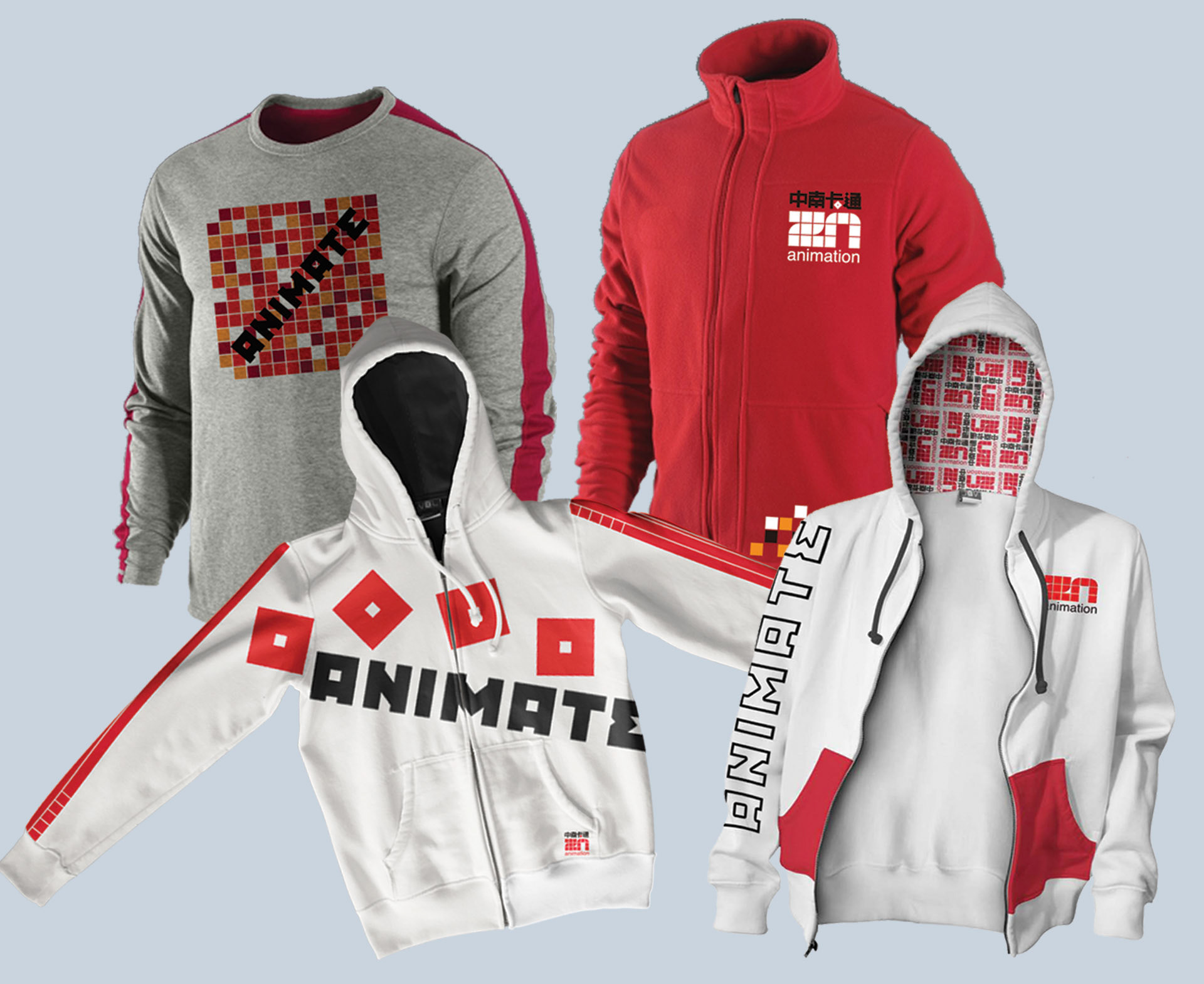 Four male garments, two zip-up hoodies, a zip-up fleece, and a pullover. All items have a futuristic Animate theme based on the ZN Animation Studios logo.