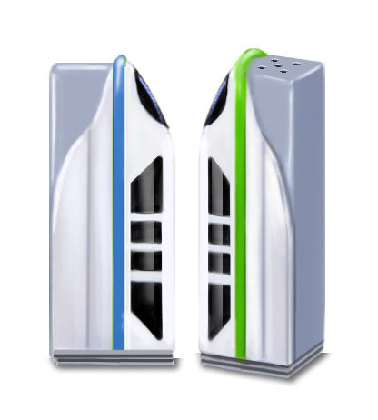 Hand illustrated rendering of monorail salt and pepper shaker concept
