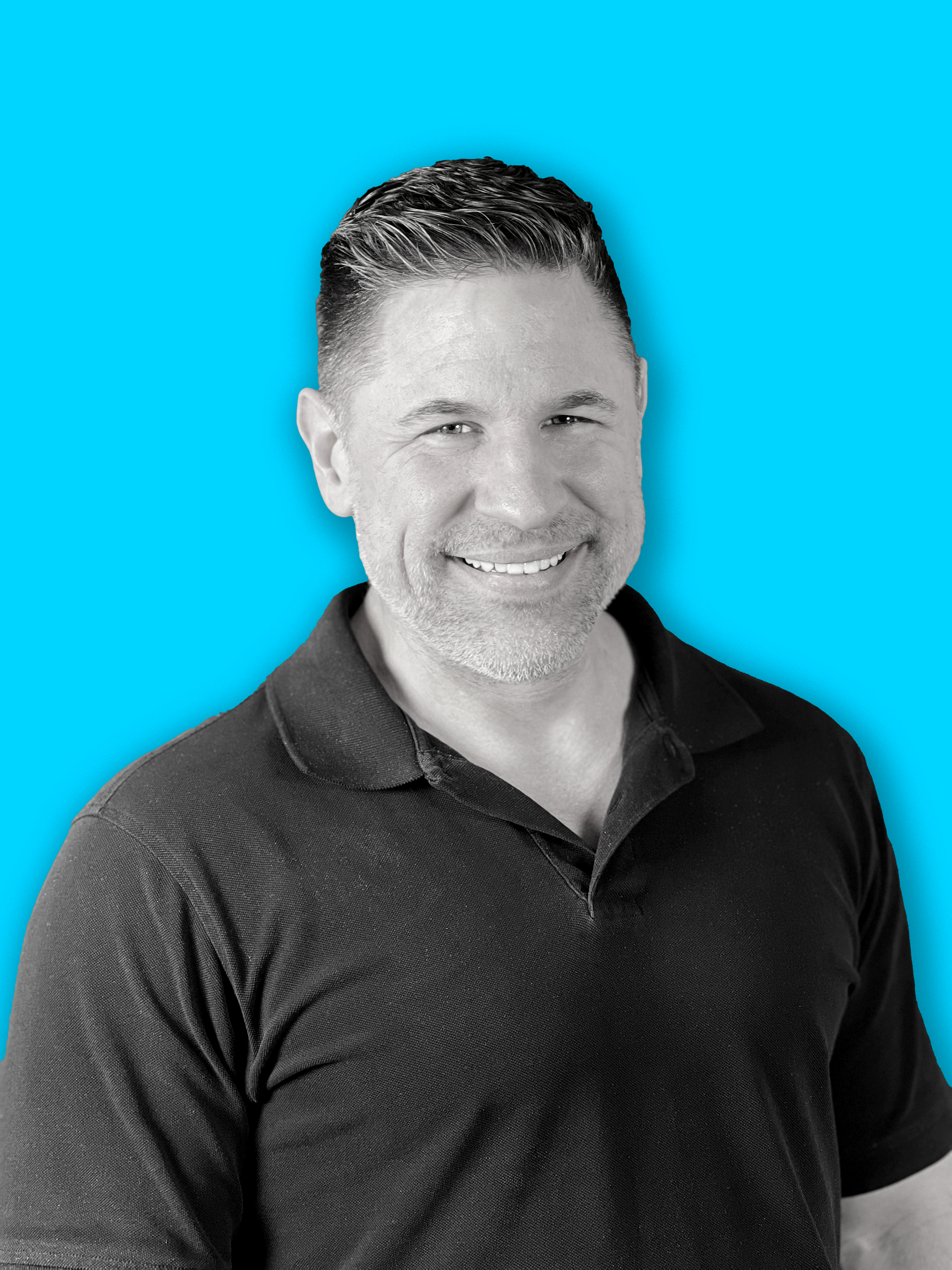 Photo of Jeff Ebersohl recolored to black and white in front of a teal-blue background