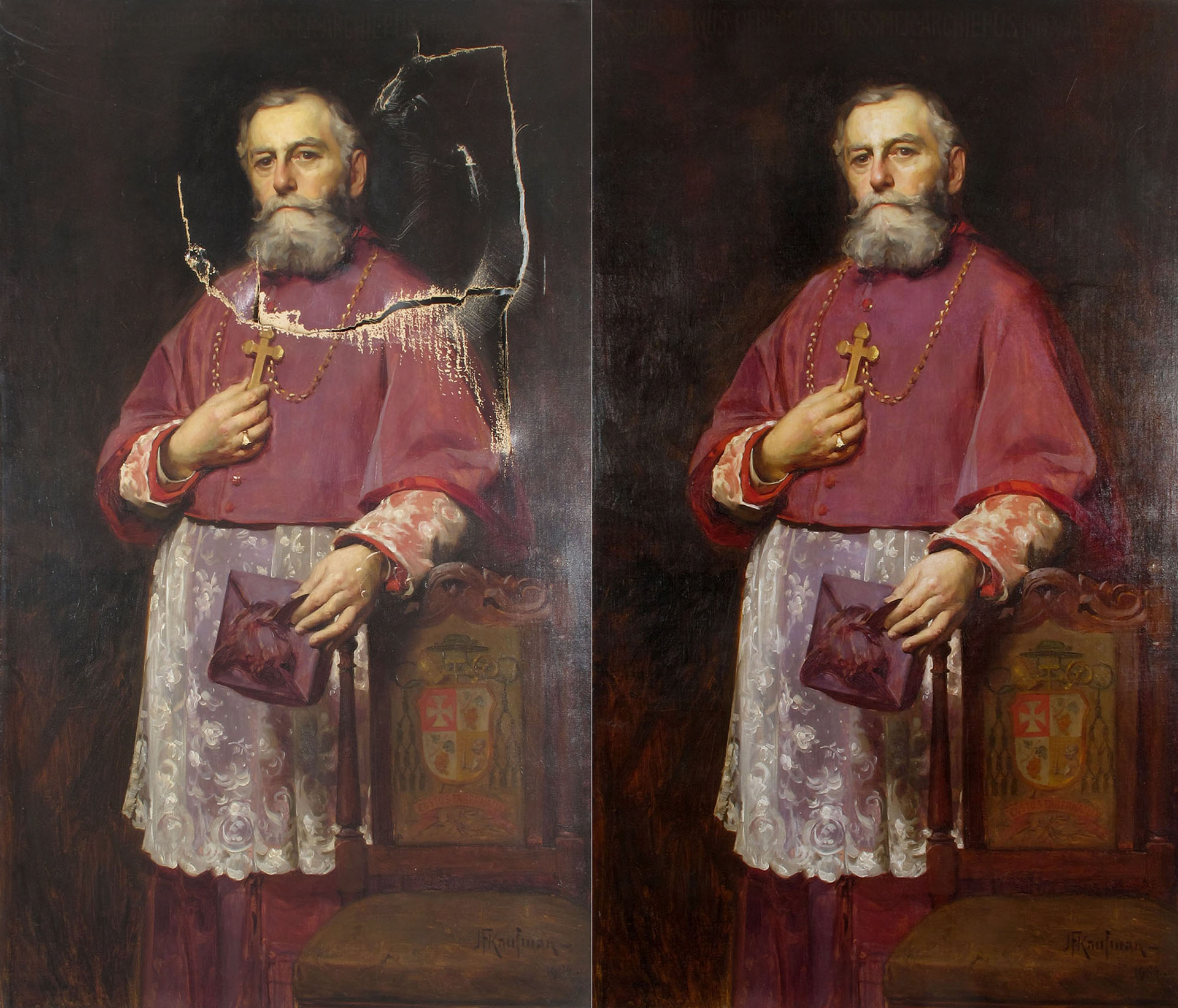 tear repair antique canvas painting before and after