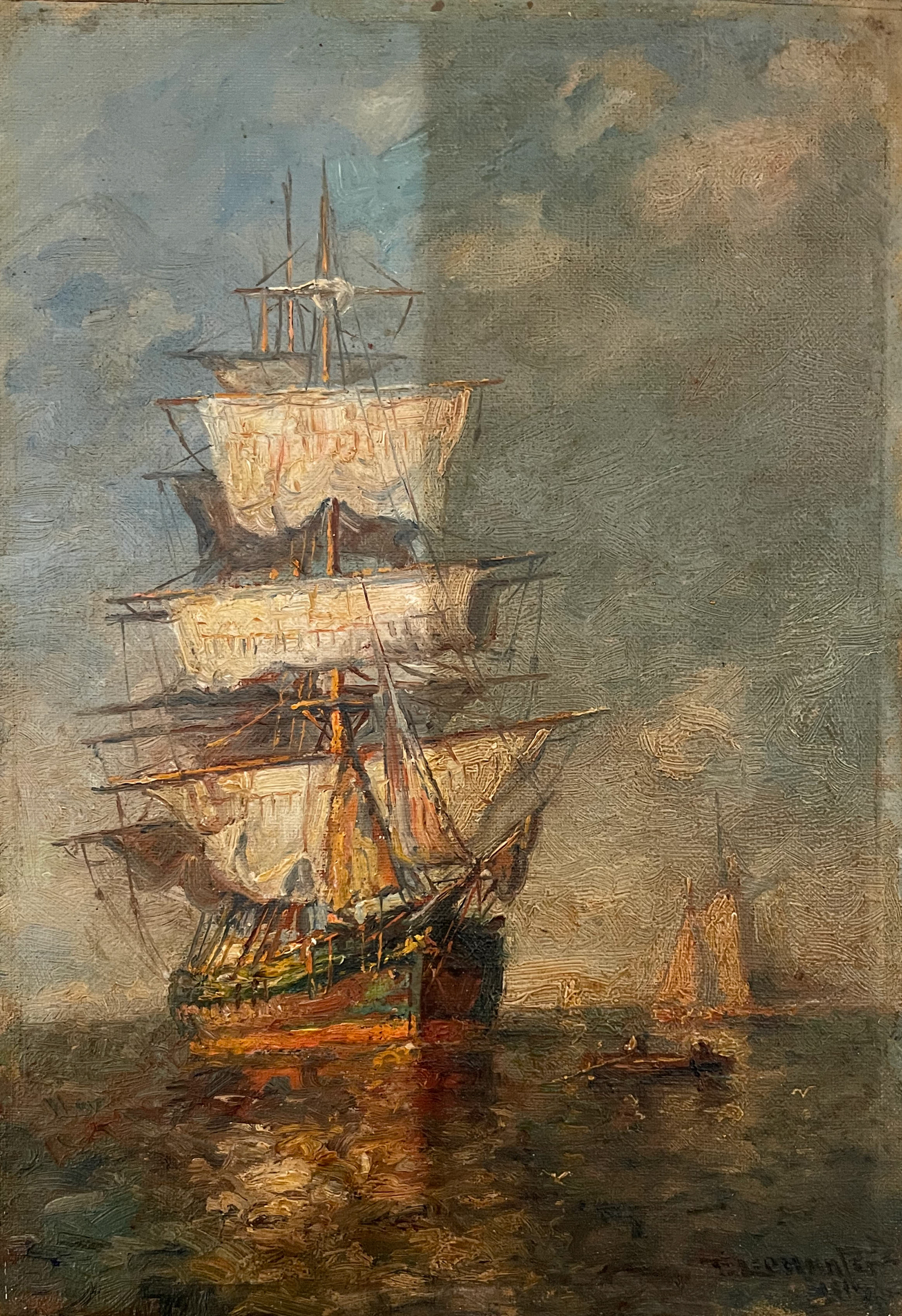 antique nautical ship at sea oil painting maritime restoration before after