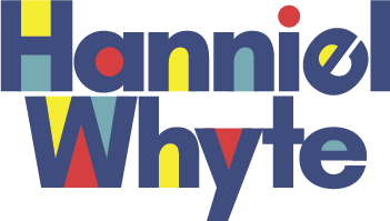 This a navy blue typographic logo reading "Hanniel Whyte". The counters and bowls of the letters are filled with colors such as yellow, red, and cyan.
