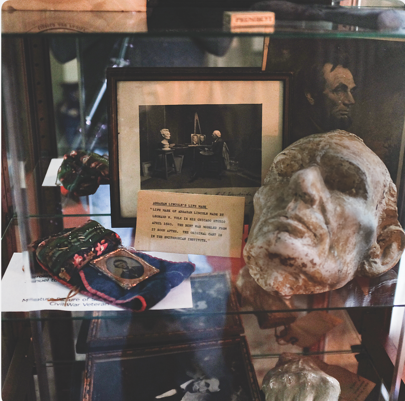 Life Mask by Douglass Volk Loom Wheel at the  Fryeburg Historical Society Museum