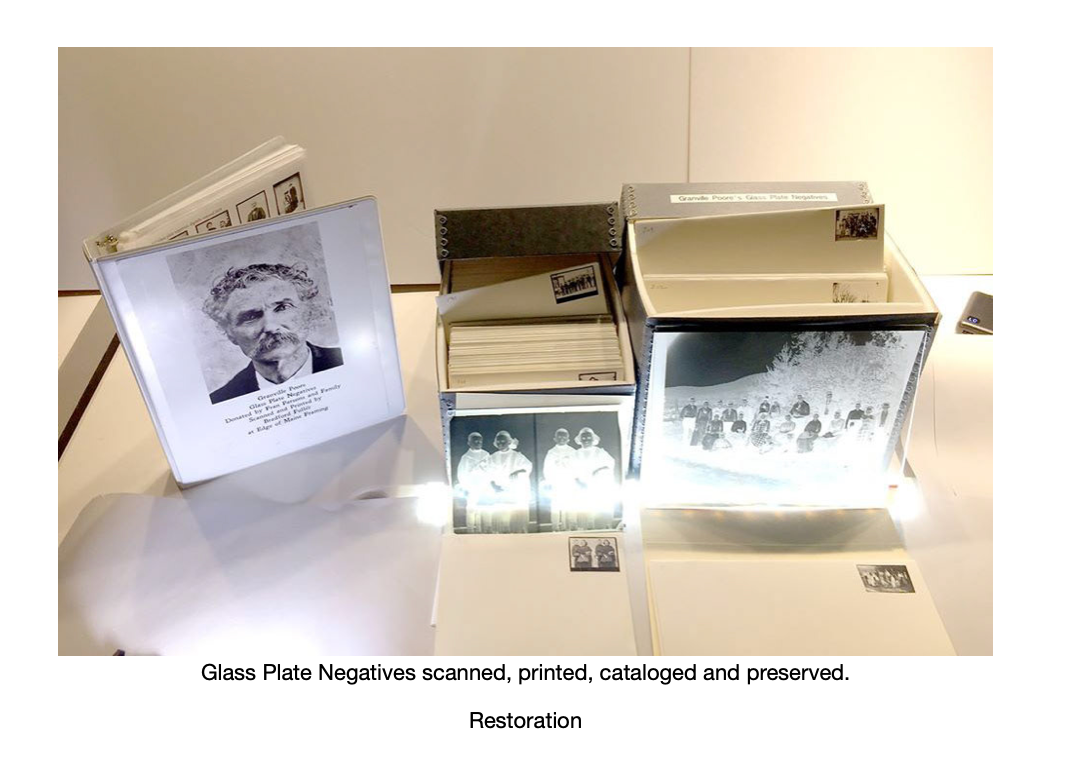 Glass Plate Negatives scanned, printed, cataloged and preserved.  Restoration