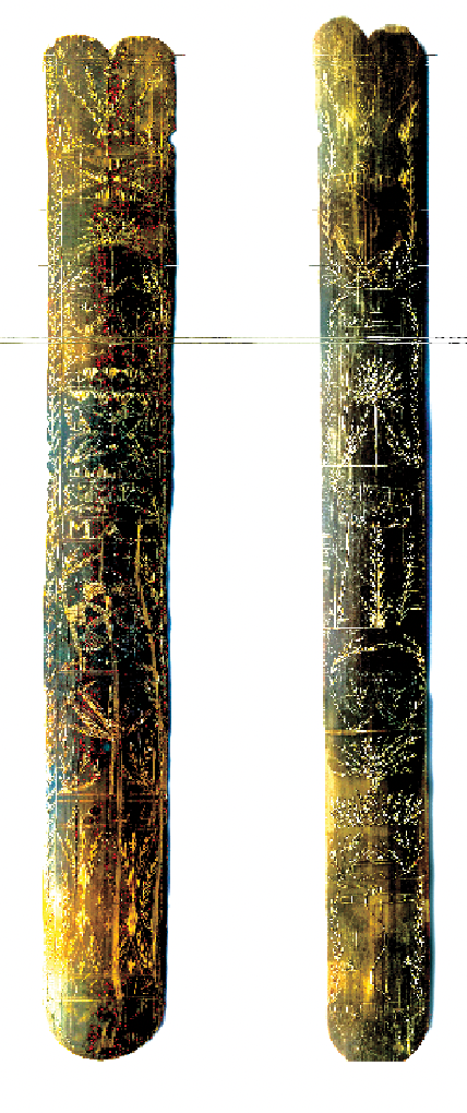 “Flowering” corset busks, front and back, carved and scrimshaw-decorated baleen. Motifs include hearts, vines, and floral forms within a vine border. Inscribed Polk and Dallas with a commemorative Polk flag, dated October 18, 1844. Inscribed M. A. L.; believed to have been made by Thomas Harmon and brought home to Brownfield for his grandmother, Mary Ann Lord.