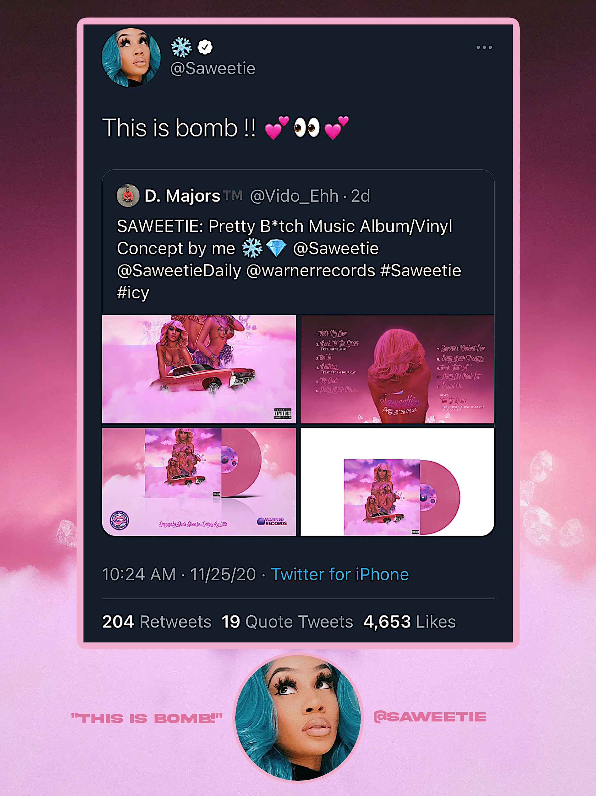 SCREENSHOT OF SAWEETIE'S RECOGNITION OF PBM CONCEPT. (LINK TO TWEET ALSO AVAILABLE ABOVE)