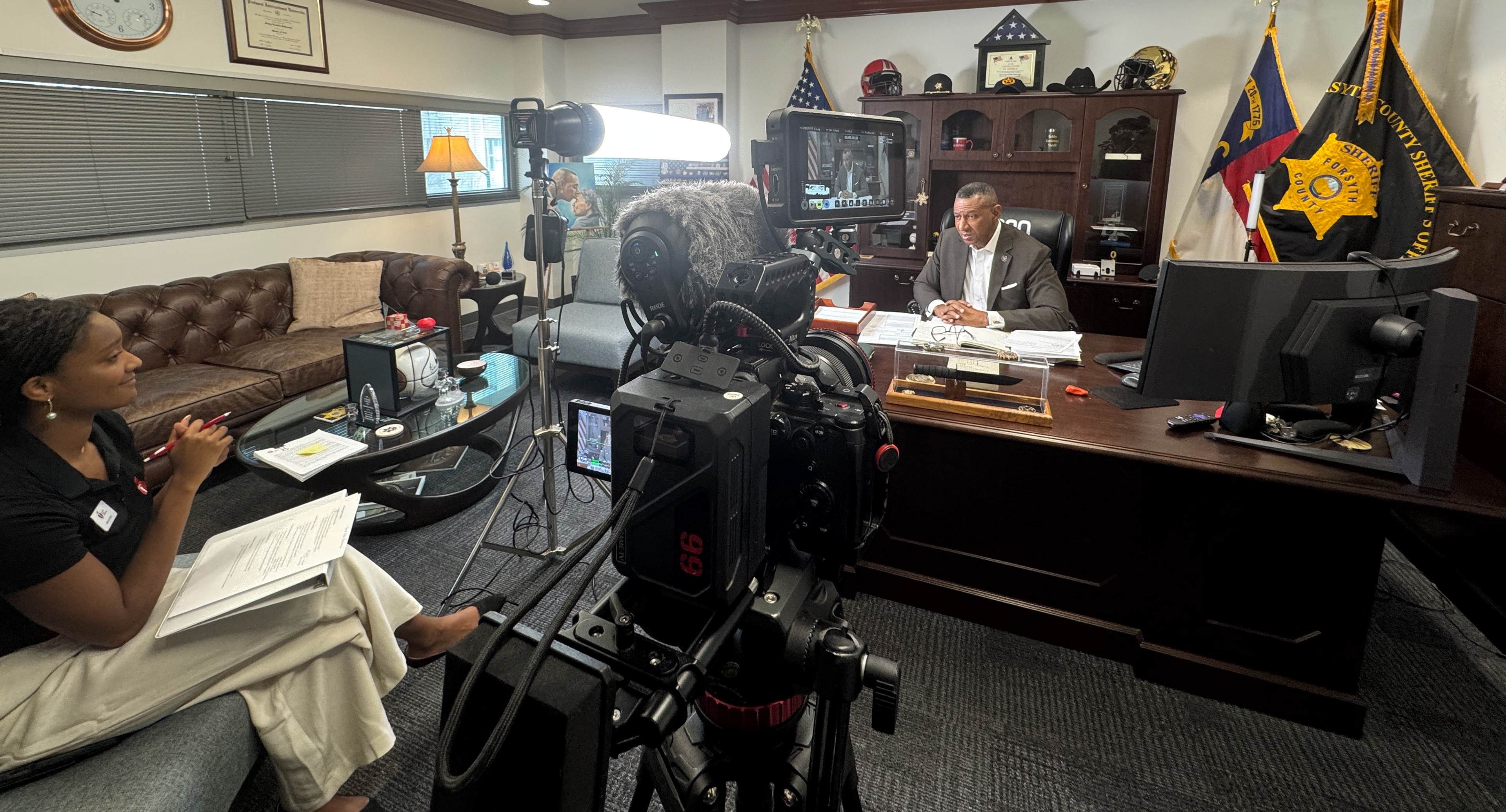 Interview setup in Sheriff Bobby Kimbrough's office in downtown Winston Salem North Carolina