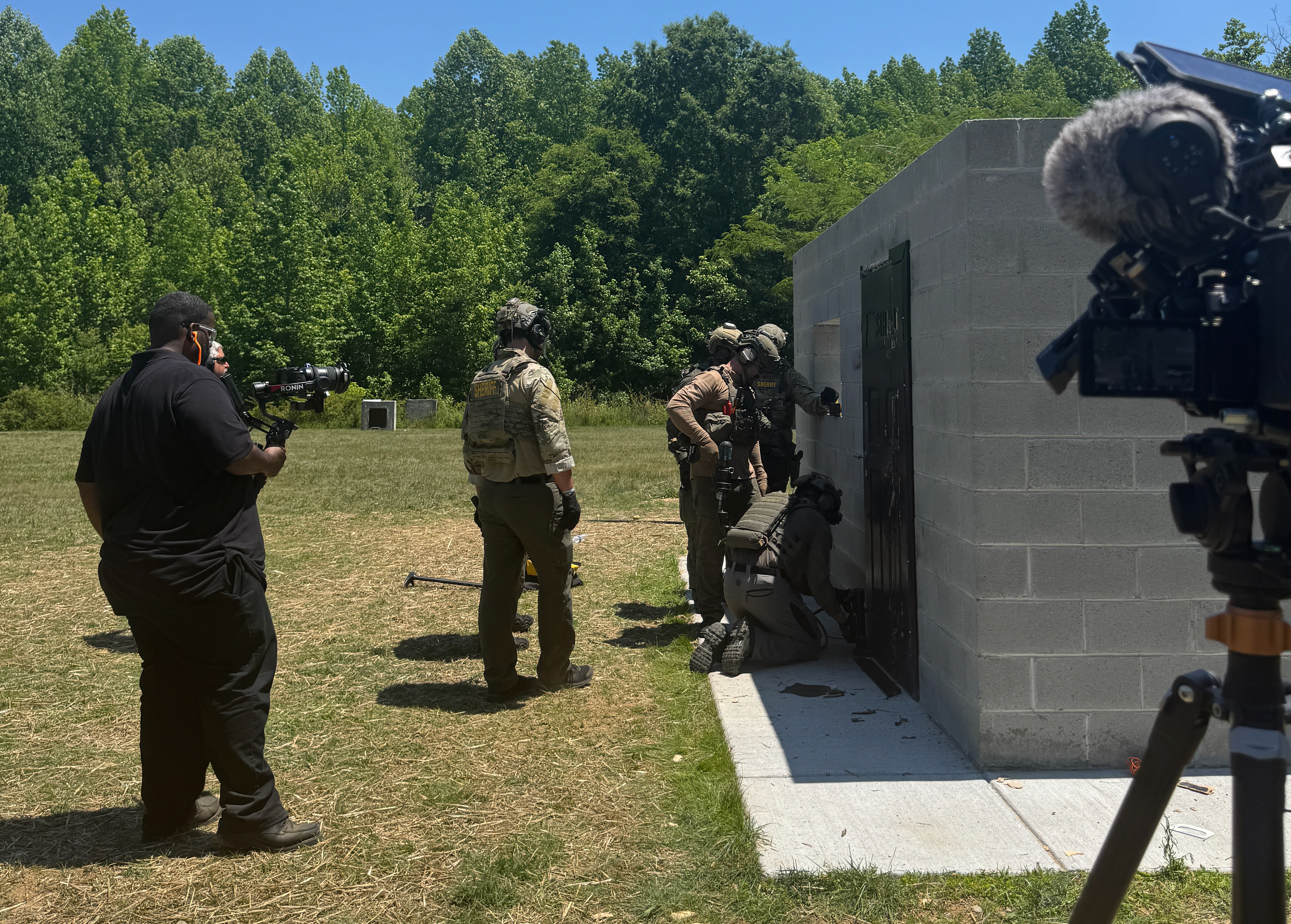 Filming a SWAT team breaching test for Shield Security Doors in Winston Salem North Carolina