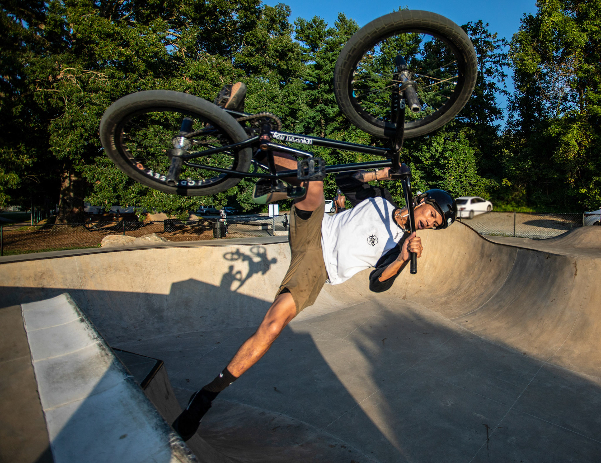 Brent East catches air in his BMX bike at Latham park in Greensboro, N.C., on September 13, 2020
