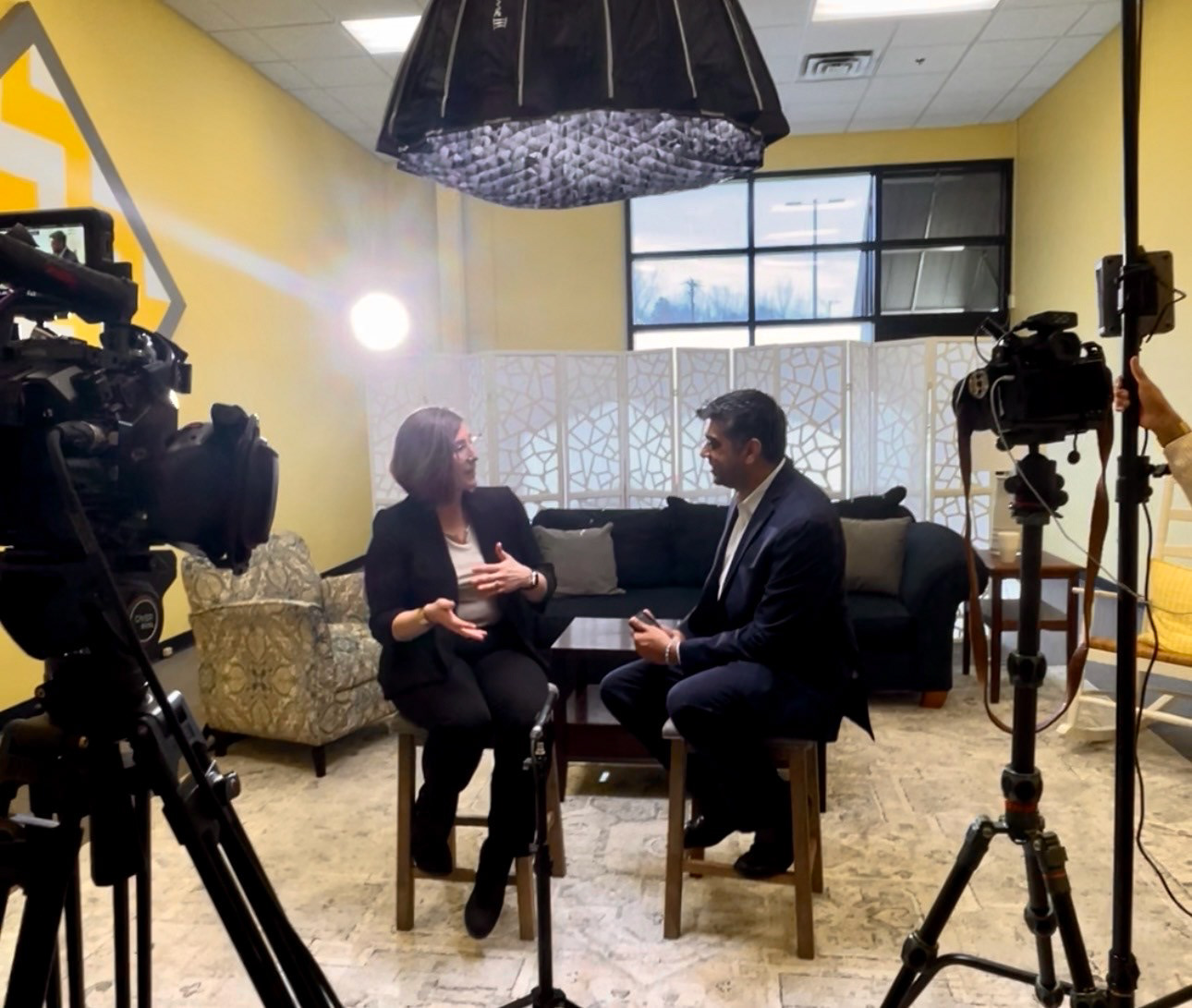 Two camera interview setup for a nonprofit founder announcement video
