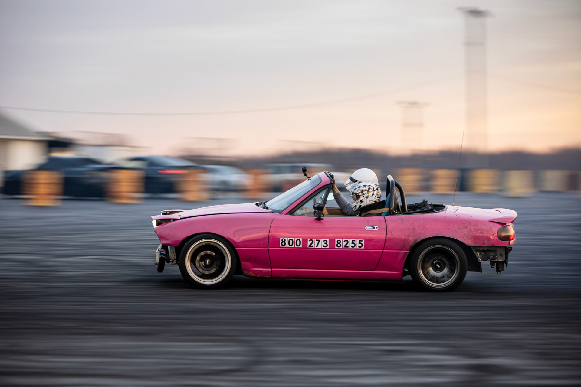 Kevin O'Brien and Cameron Swaim ride across the track at Piedmont Drift in Julian N.C., on December 19, 2020