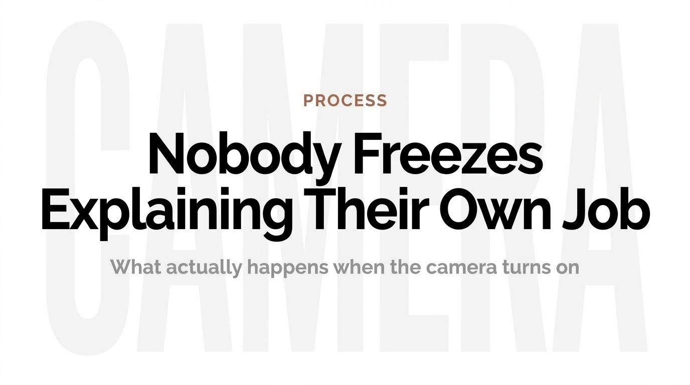 Graphic reading Nobody freezes explaining their own job, on what if my people freeze on camera