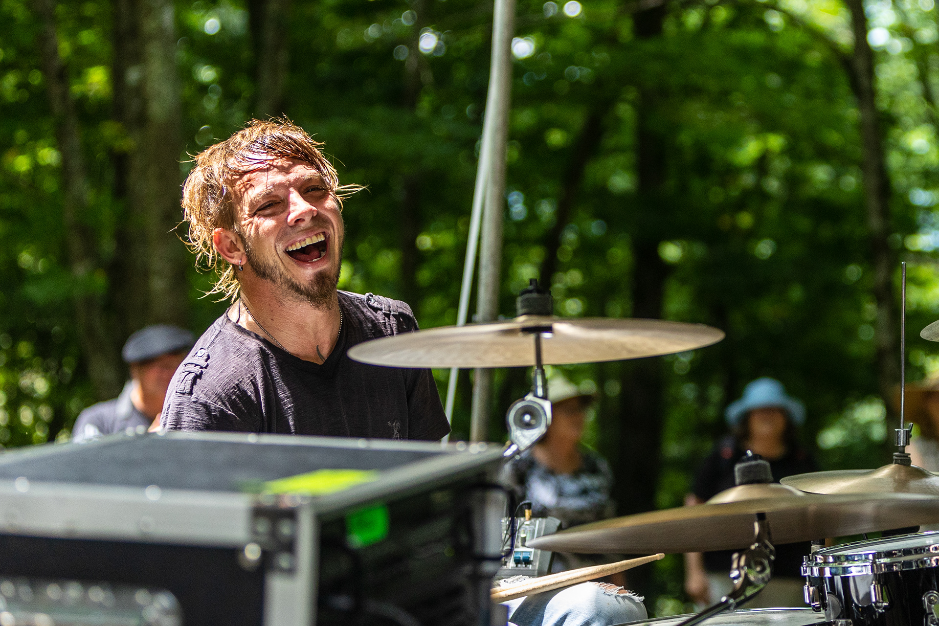 Dean Andrews Jr plays drums for Seven Nations Music at Grandfather Mountain Highland Games during their performance on July 9, 2021.