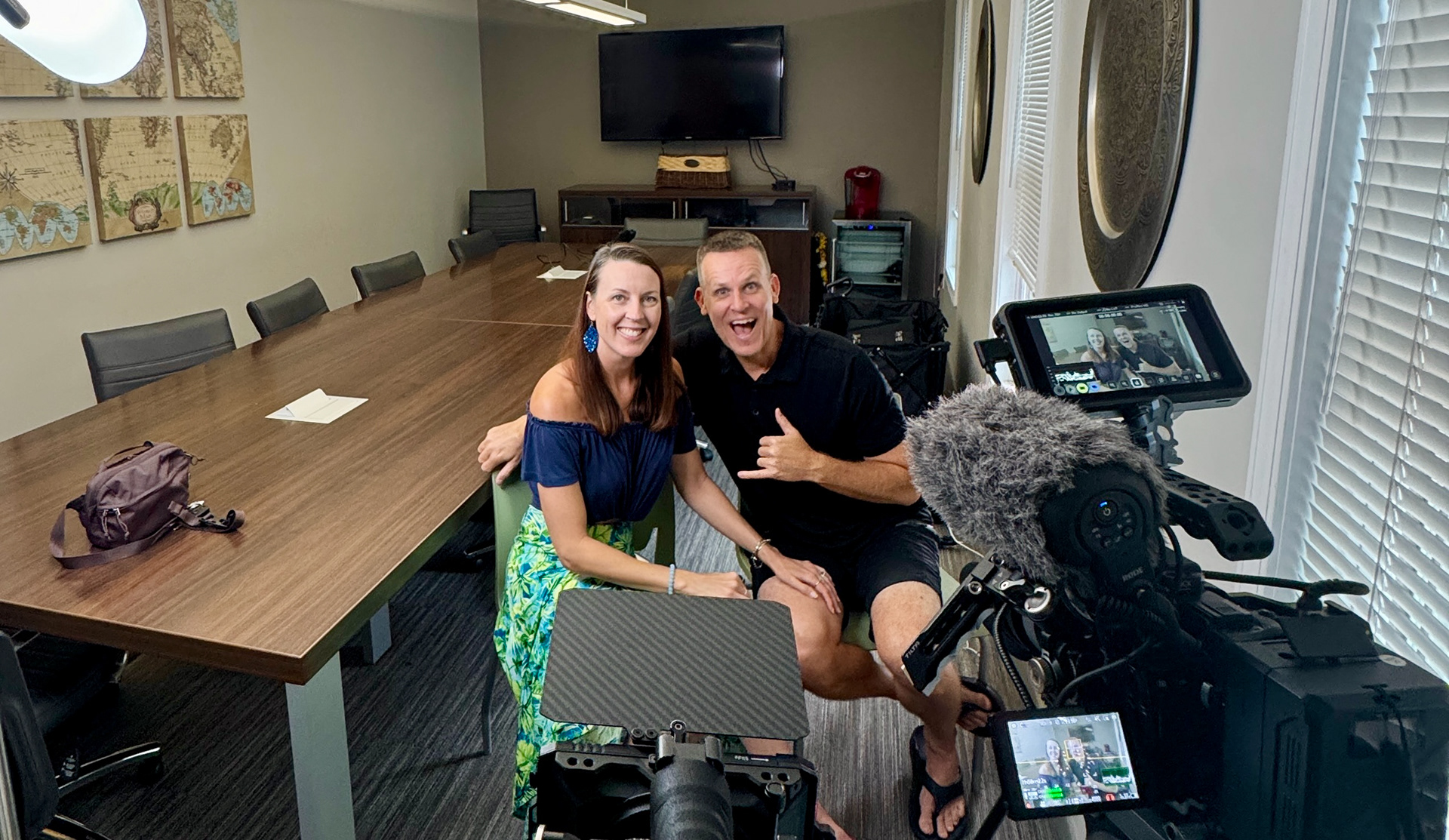 Filming a video interview with a travel couple on location for a social content shoot