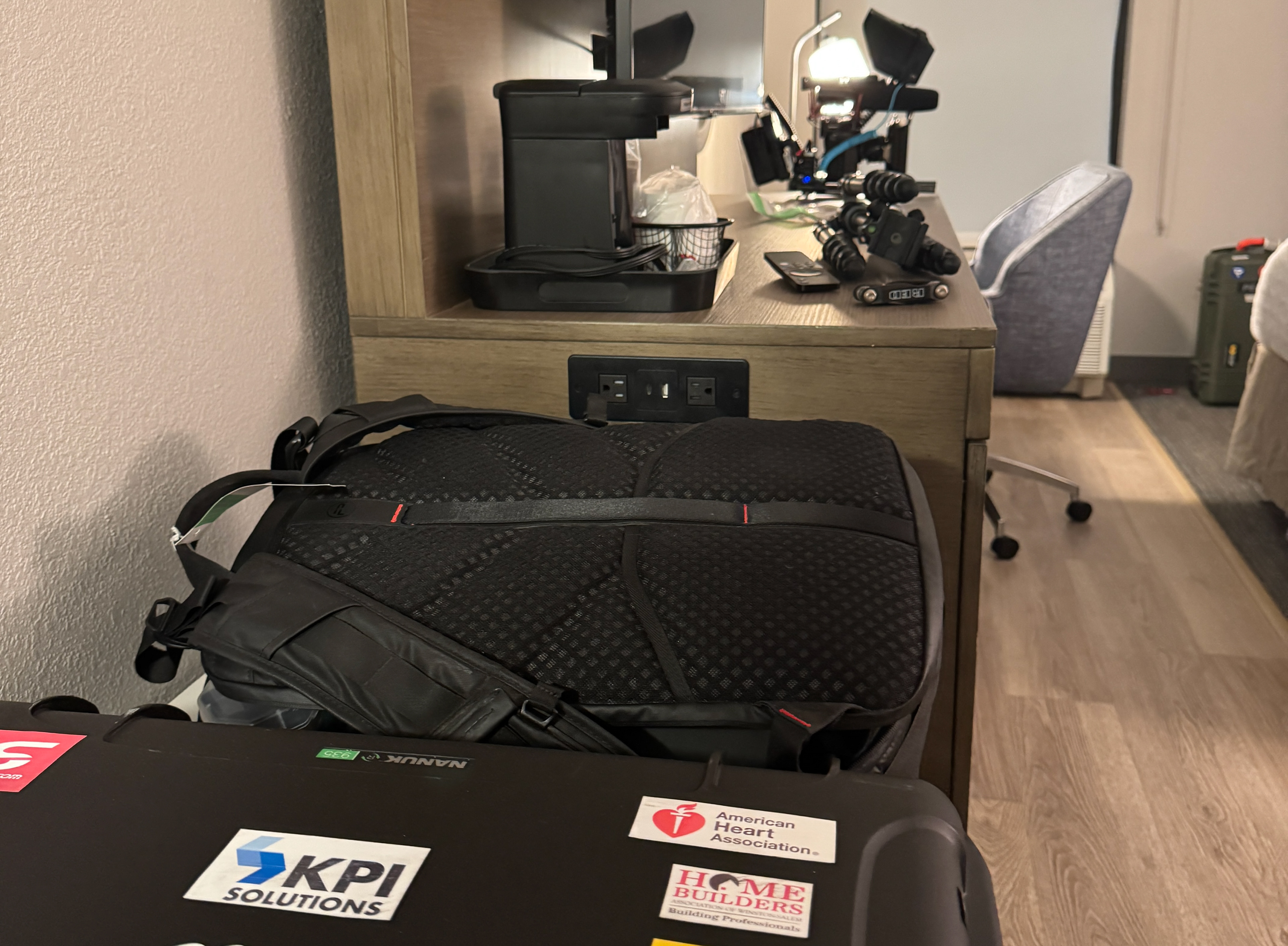Video production equipment laid out during a multi day shoot on location
