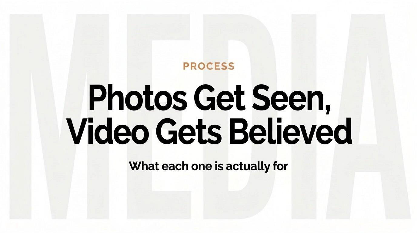 Graphic reading Photos get seen, video gets believed, on do we need video or photos