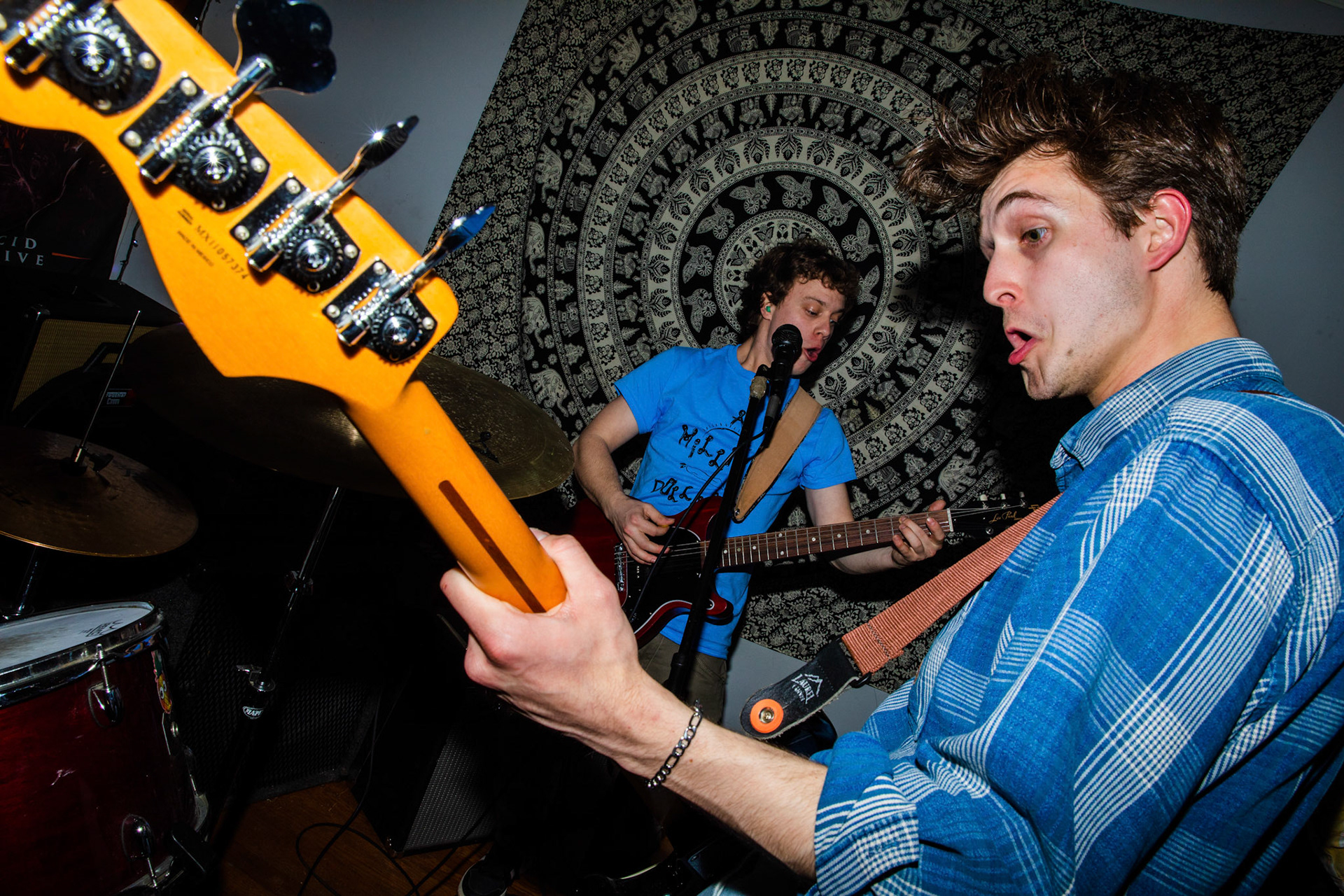 Brody Rogers (front) plays bass with Daniel Gorham, both of part of Pictures of Vernon, at RoadClosedGSO in Greensboro, N.C. on 