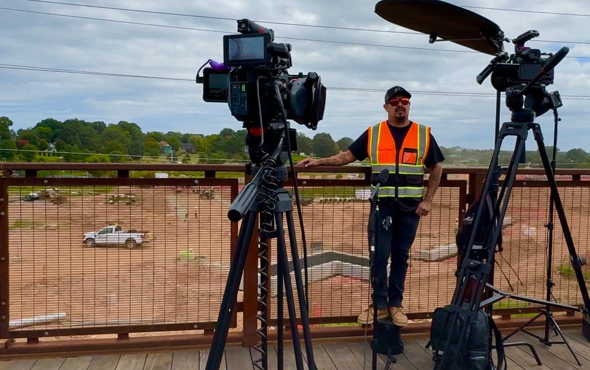 Two camera setup with a reflector on an active commercial construction site in North Carolina