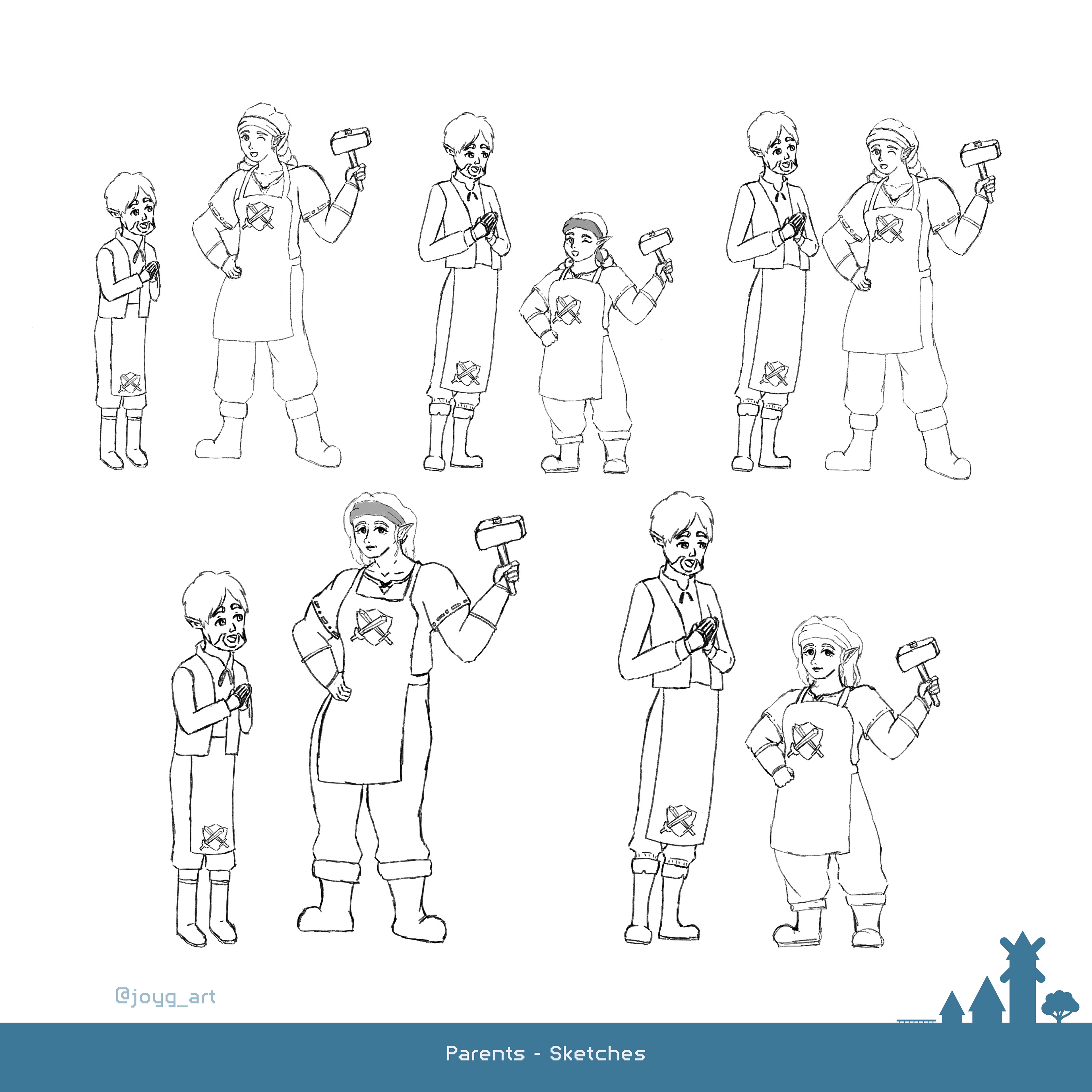 For the parents, who are the total opposite of the unimportant NPC while being the Blacksmith of the village, I wanted to play with their body sizes. Also I wanted to confront the stereotypical representation from each gender.