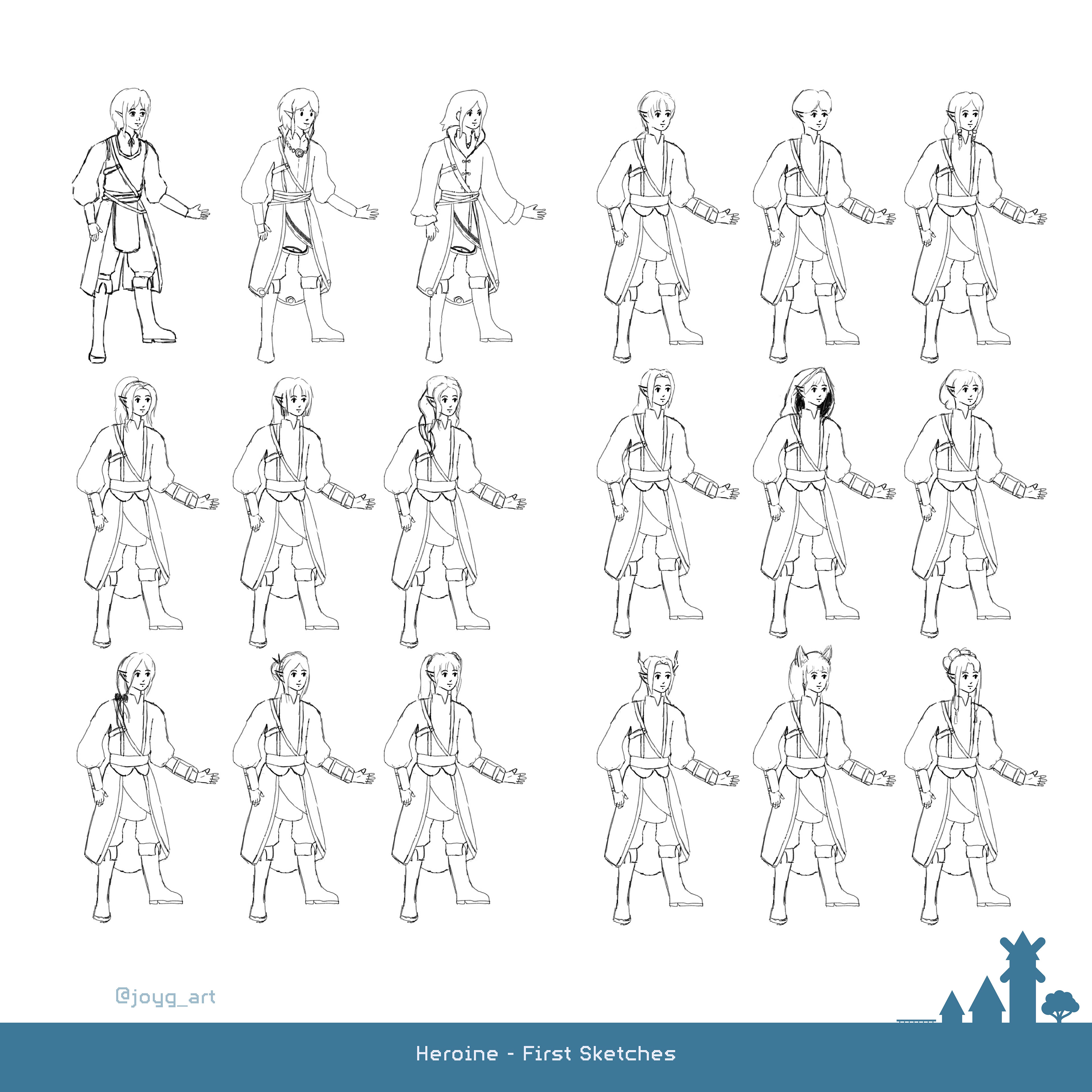 To keep everything balanced after the NPC became a boy it was decided that the hero was going to be a heroine. Because of that it was possible to experiment a little bit more with female hairstyles. Nevertheless I tried not to lose the genderfluid attributes to much.