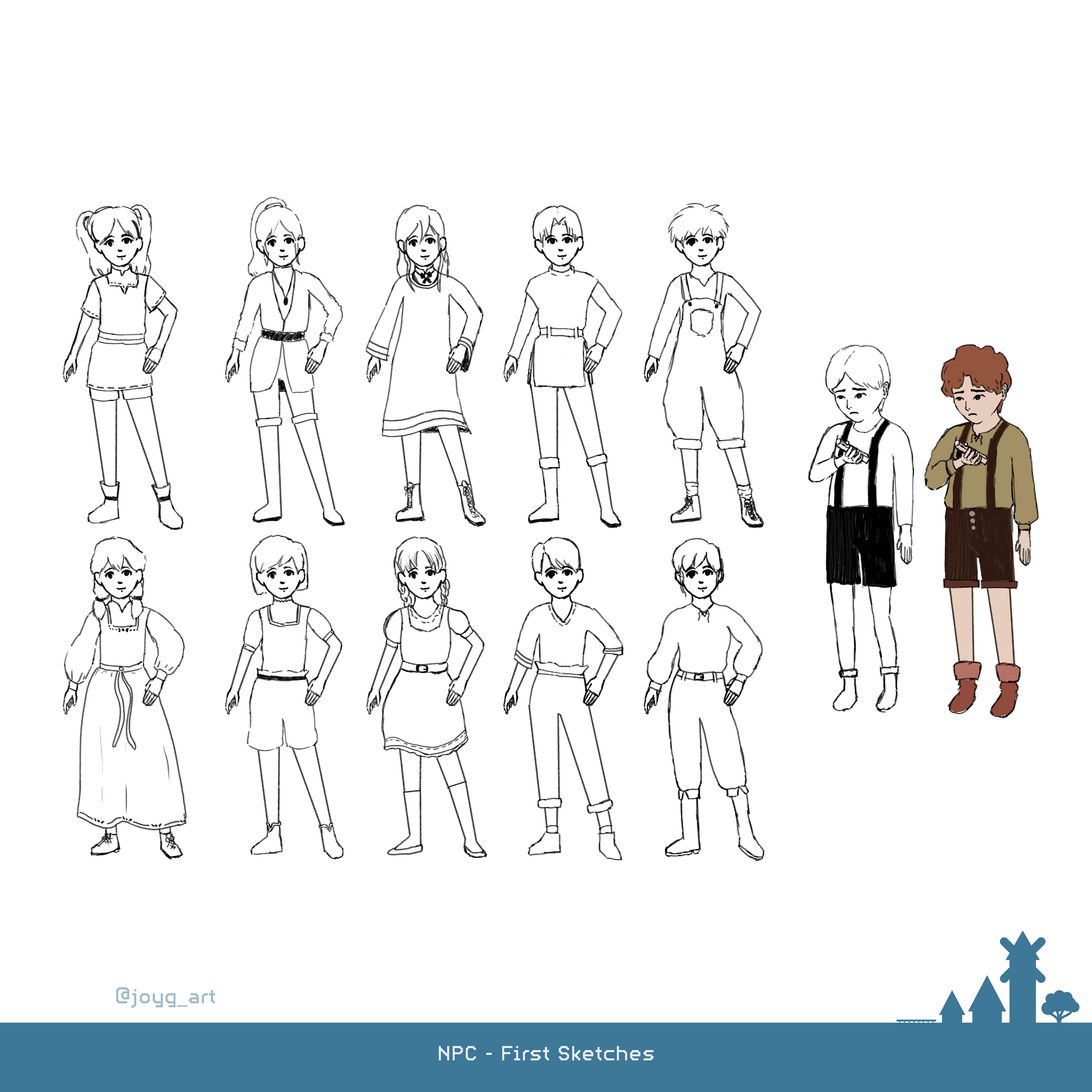 After working mainly on the story in the first Semester I only made some Sketches for the NPC. At this Point it wasn't clear if the character should be a boy or a girl.