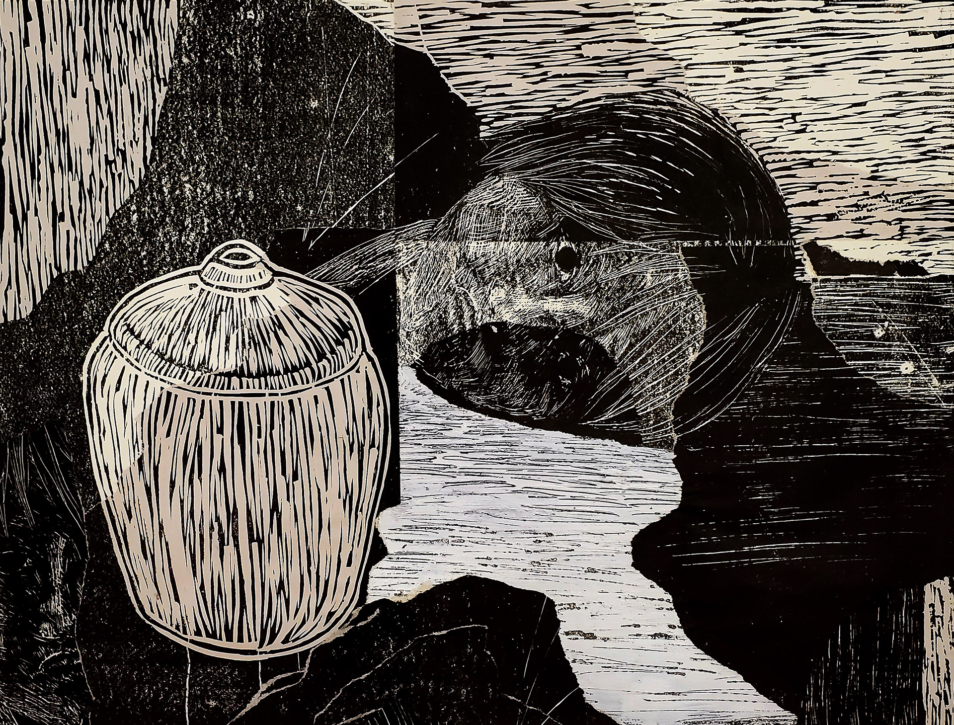 "mourning", linocut and collage, 2021