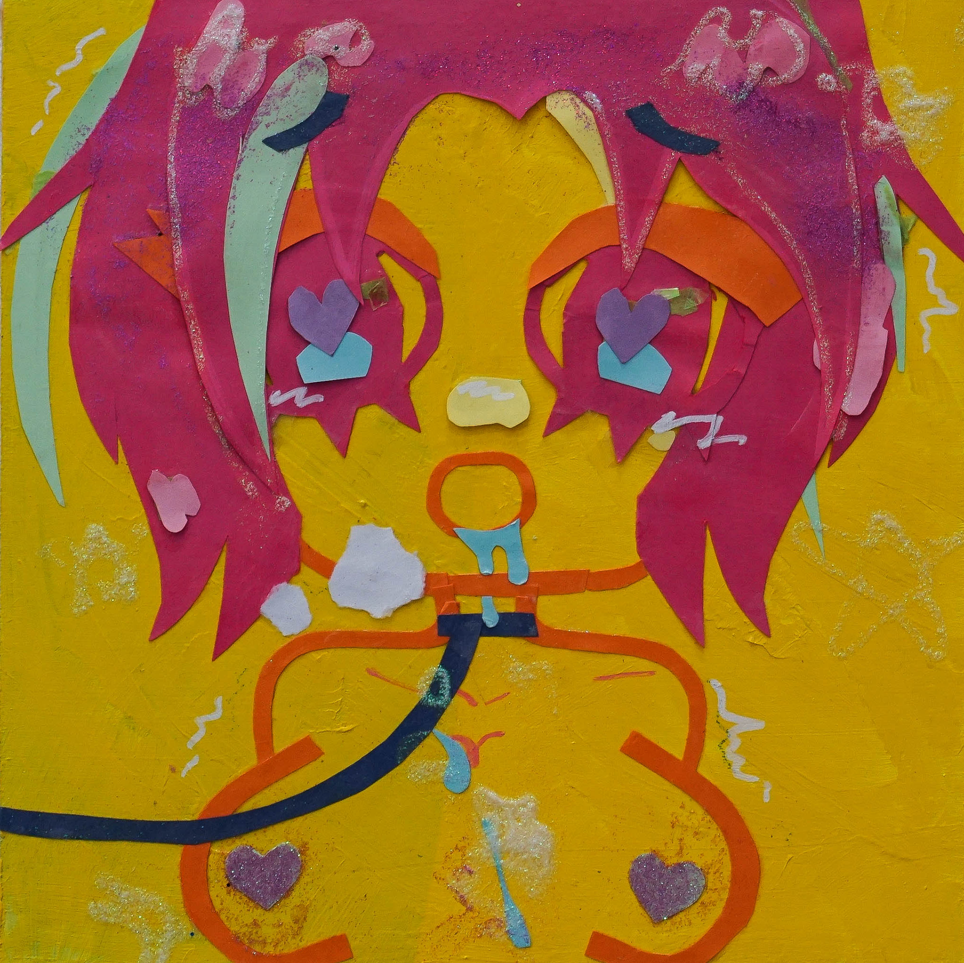 “daddy didn’t take me out on a walk yet”, paper, acrylic, and glitter on panel, 12” x 12”, 2023 (collaboration with Amy Quach)