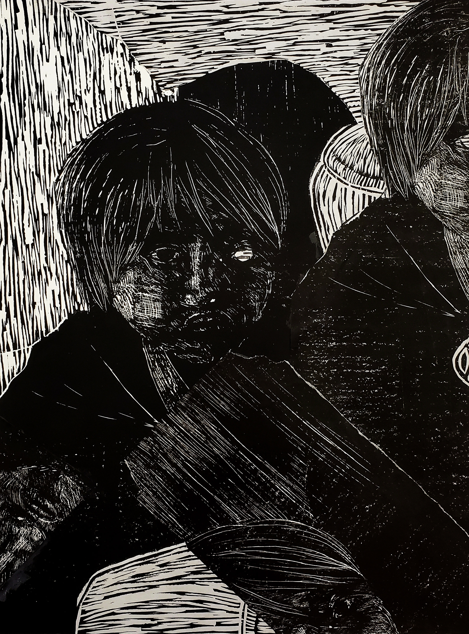 "lost", linocut and collage, 2021