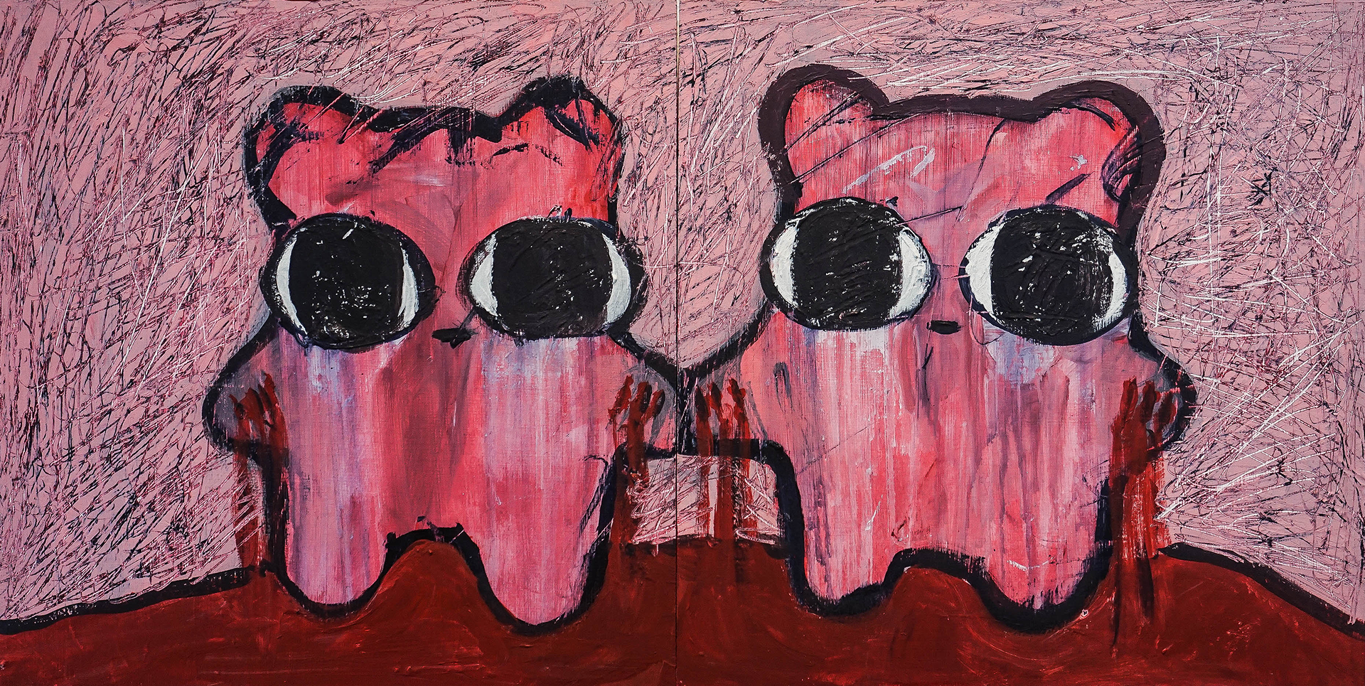 “bonded”, acrylic on panel, 12” x 24” (two 12” x 12” panels), 2023