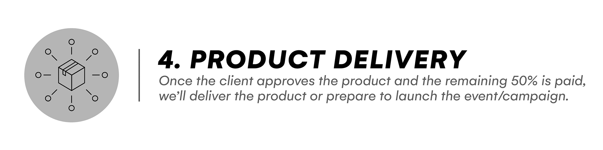 Product Delivery: Once the client approves the product and sends the remaining 50% payment, we’ll send the client the product or prepare to launch the event/campaign.