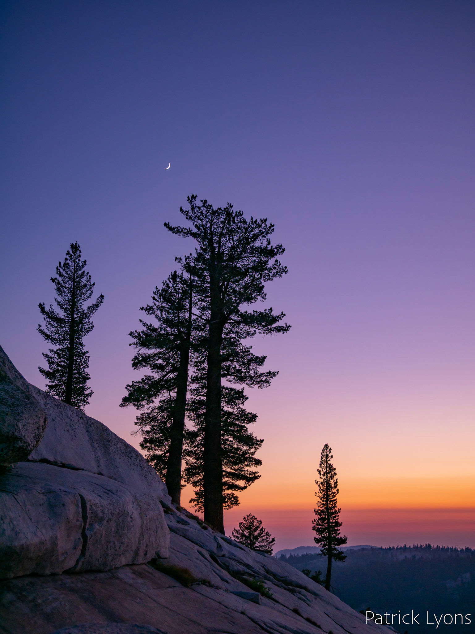 Twighlight sky with moon in Twin Lakes area in Sequoia National Park
