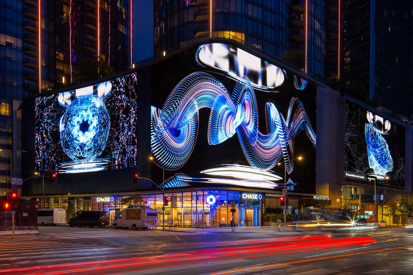 Cosmic Weave on the largest LED facade in Los Angeles, 2024